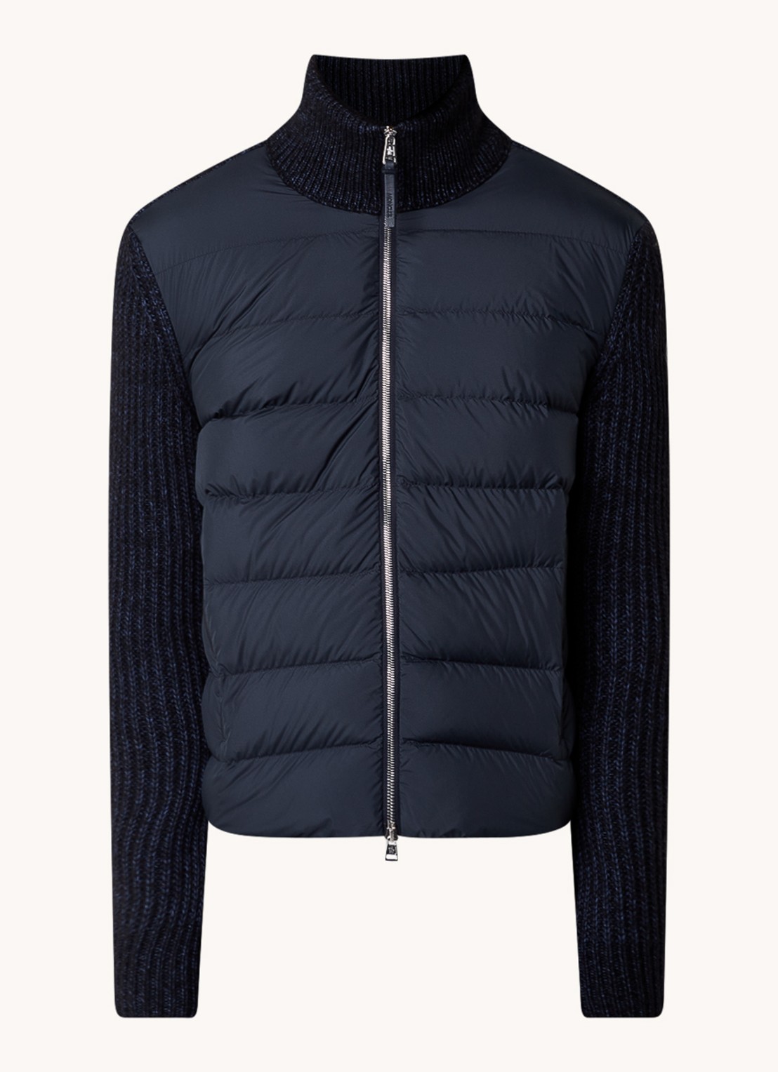 Moncler M3543 grofgebreid vest in wolblend met gewatteerd voorpand met donsvulling - voorkant donkerblauw