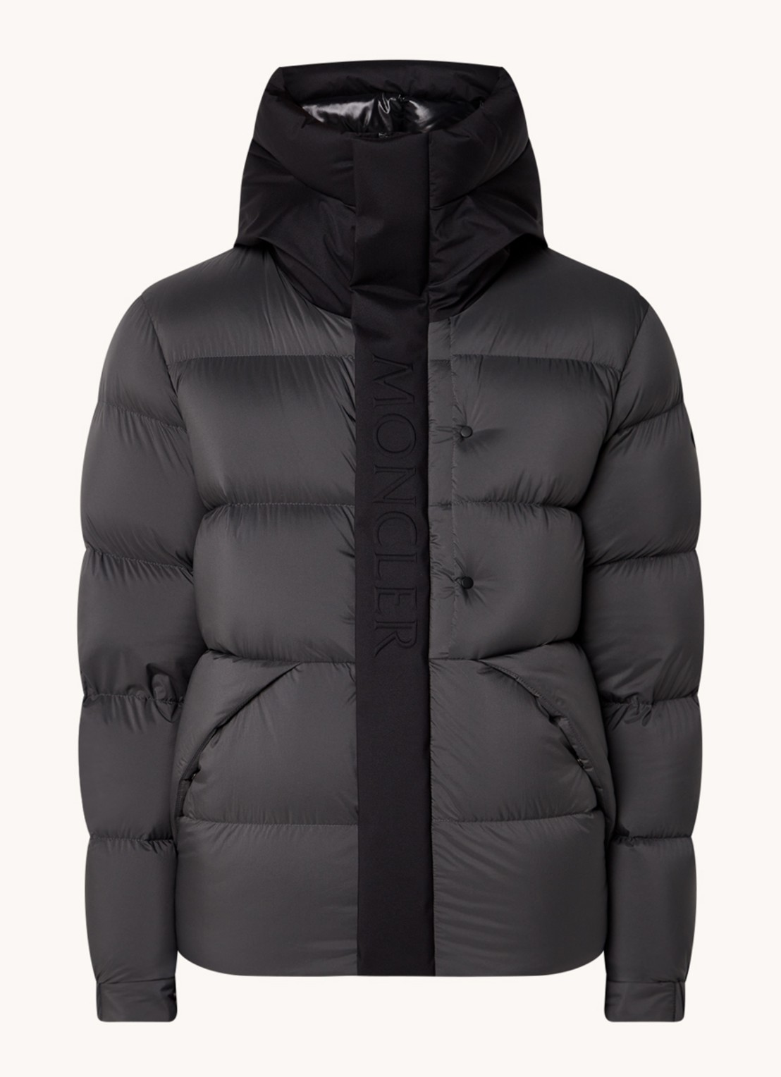 Moncler Madeira puffer jack met donsvulling en logo - voorkant lichtgrijs