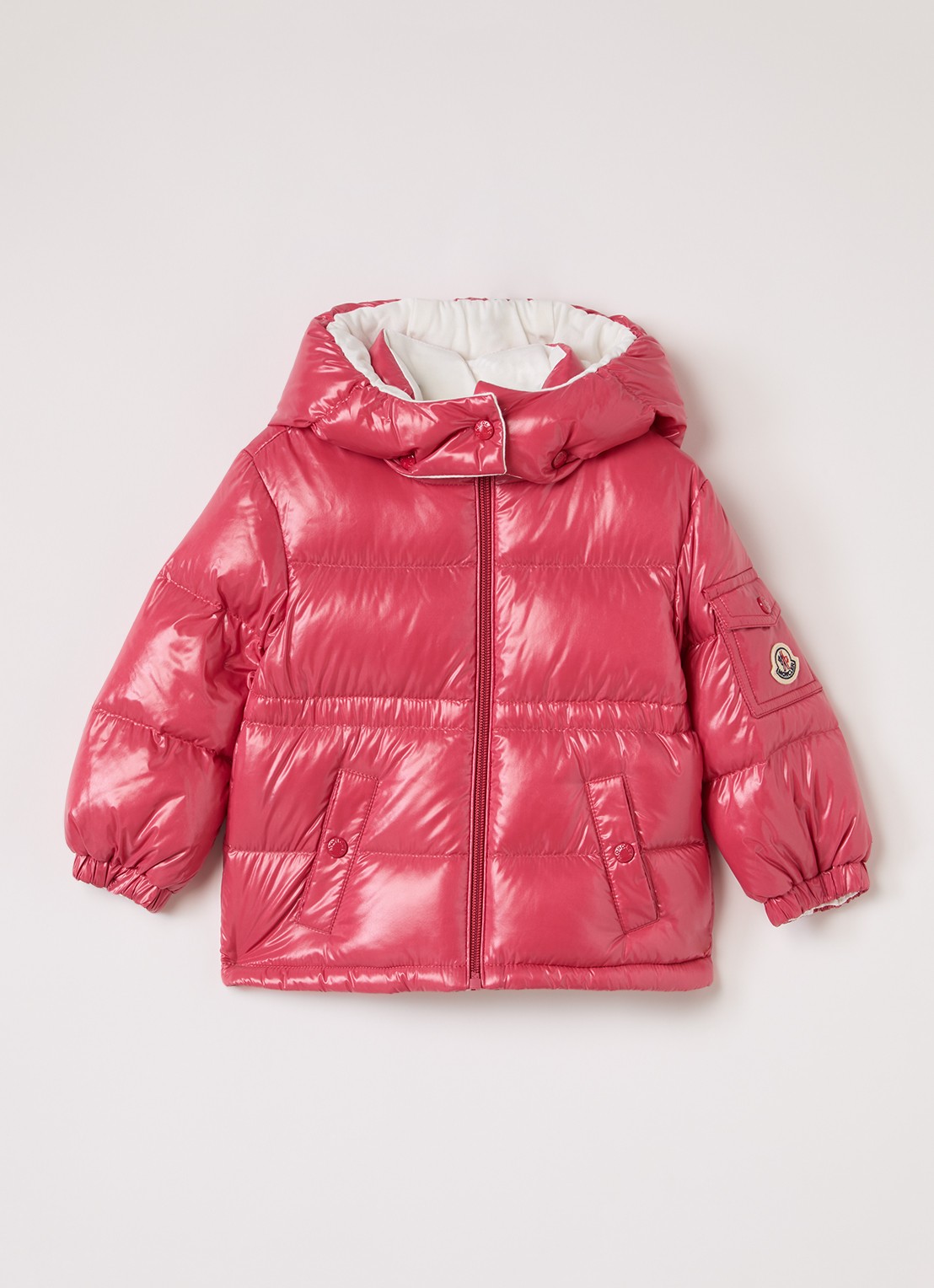 Moncler Maire puffer jack met donsvulling  - voorkant koraalrood
