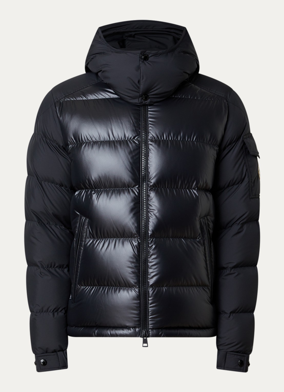 Moncler Maya puffer jack met donsvulling en afneembare capuchon - voorkant 2 zwart