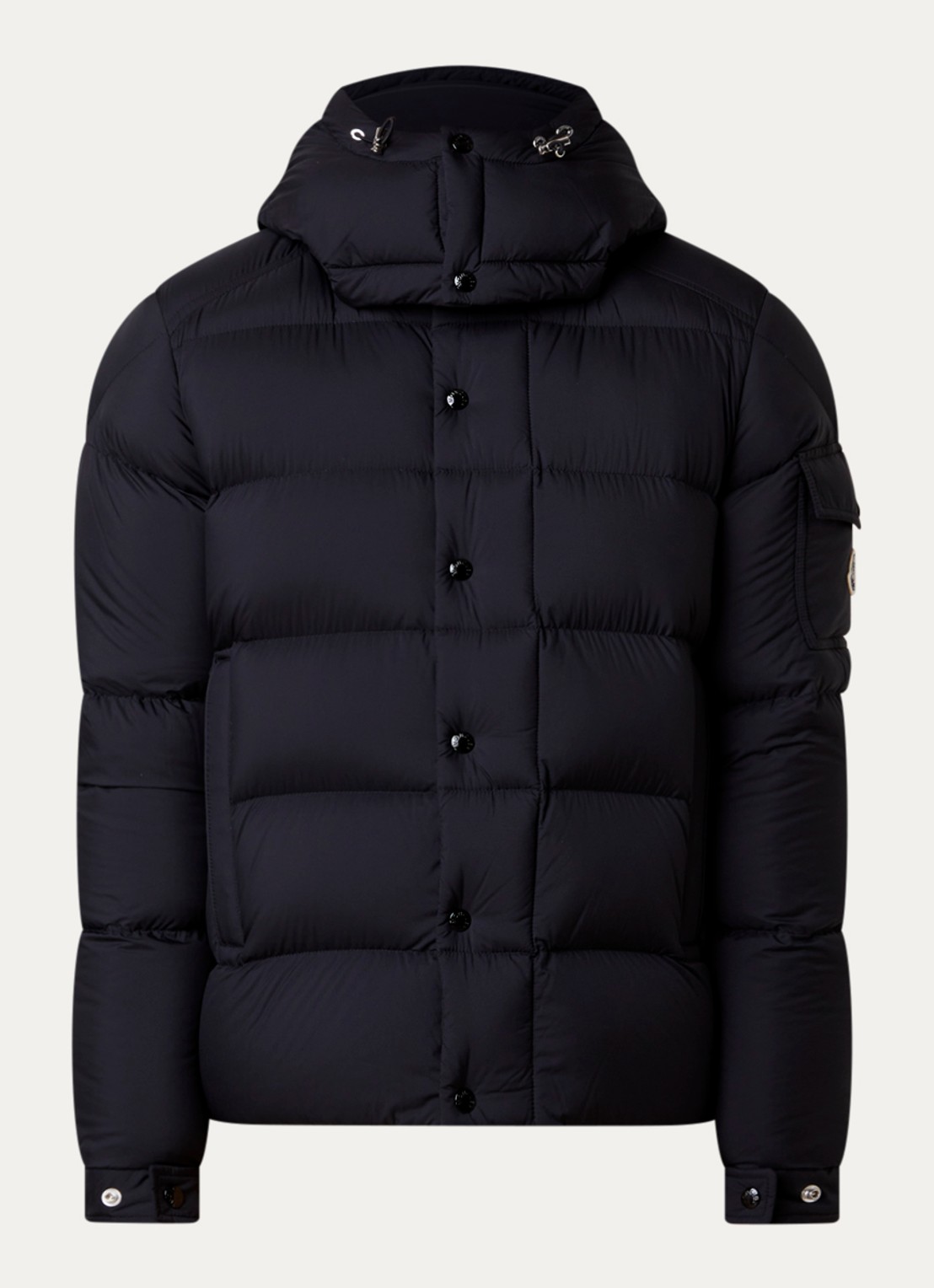 Moncler Maya puffer jack met donsvulling en ritszakken - voorkant zwart