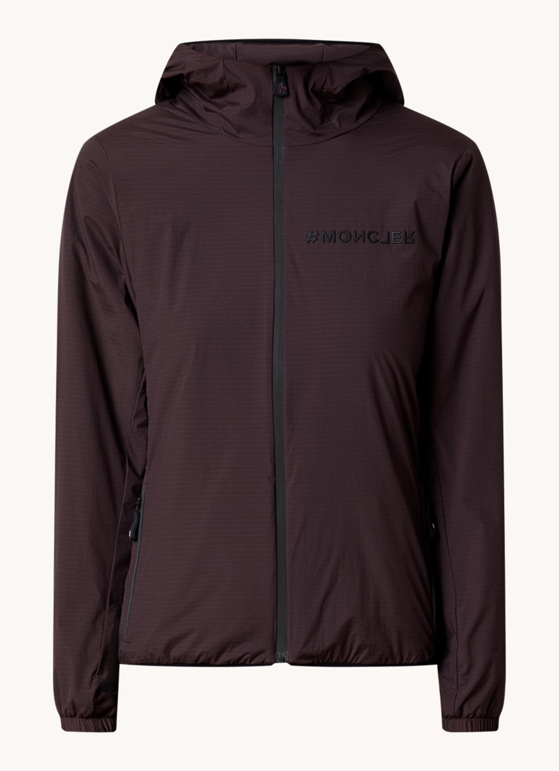 Moncler Mietres softshell jack met capuchon en logo - voorkant 5 donkerbruin