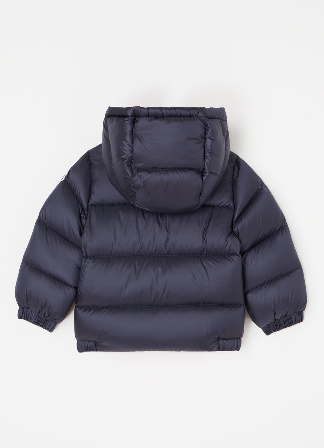 Moncler New Macaire gewatteerde jas met donsvulling en capuchon - achterkant donkerblauw