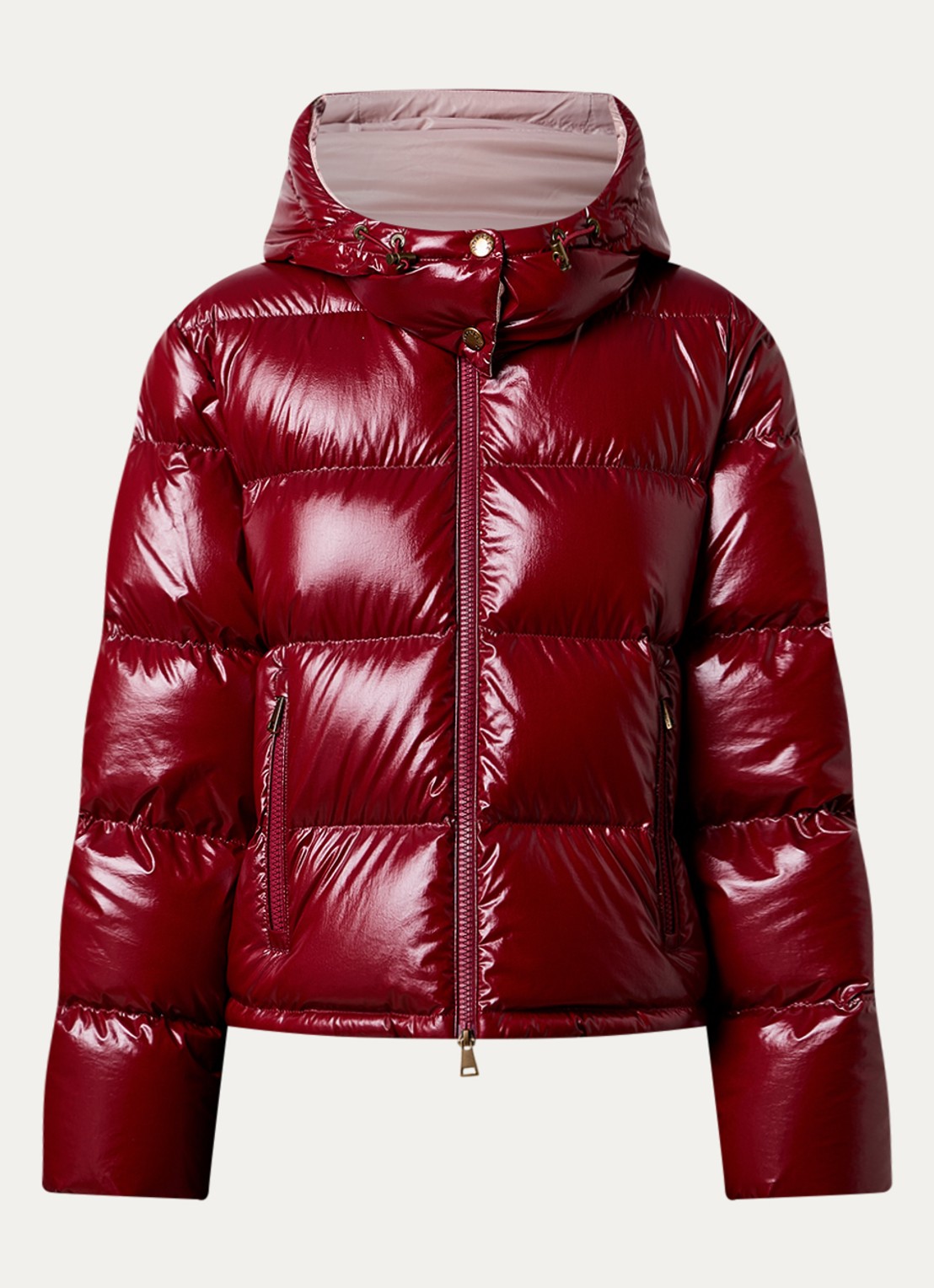Moncler Niveole cropped puffer jack met donsvulling en afneembare capuchon - voorkant kersenrood