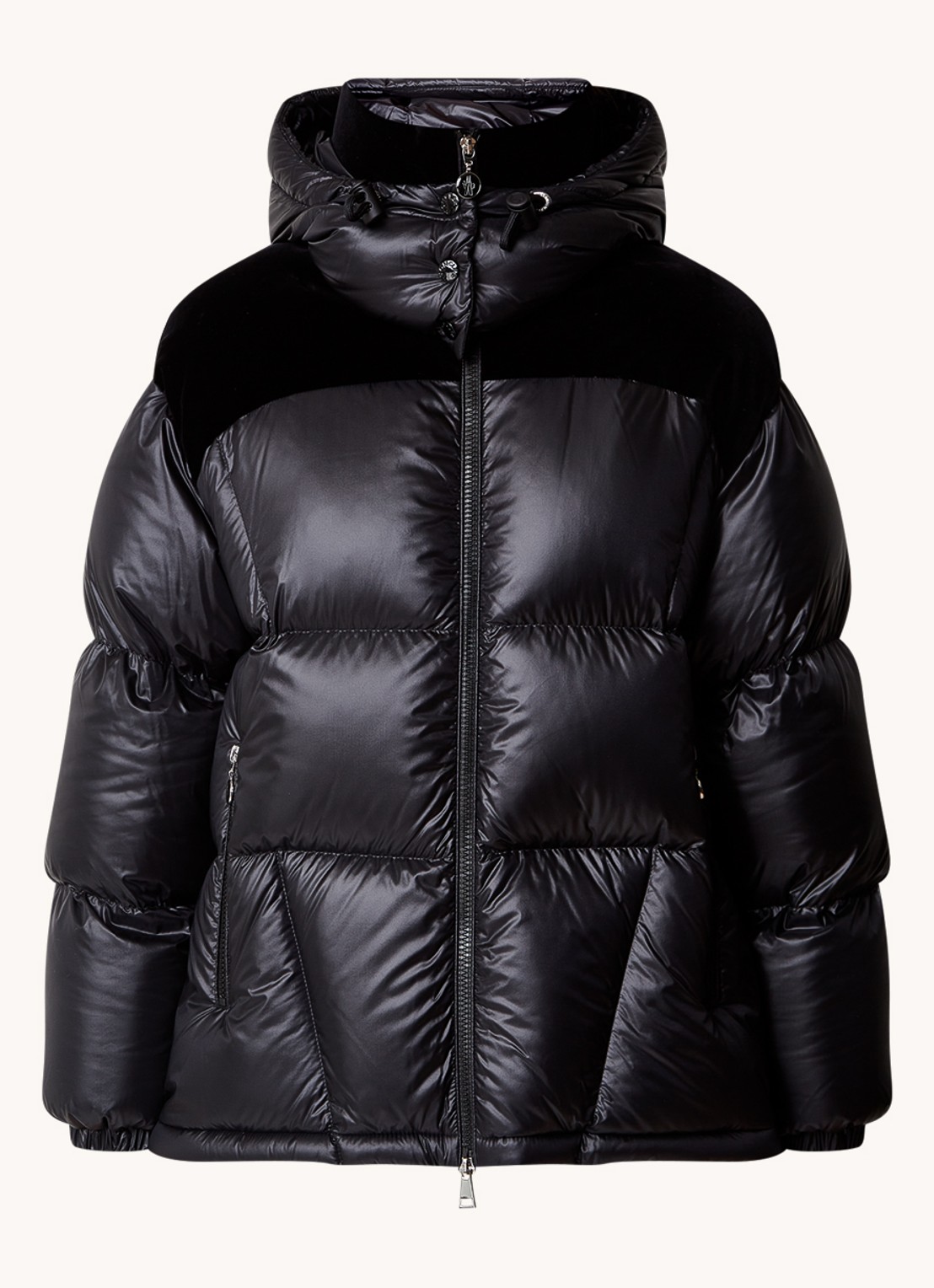 Moncler Puffer jack met donsvulling en details van fluweel - voorkant zwart