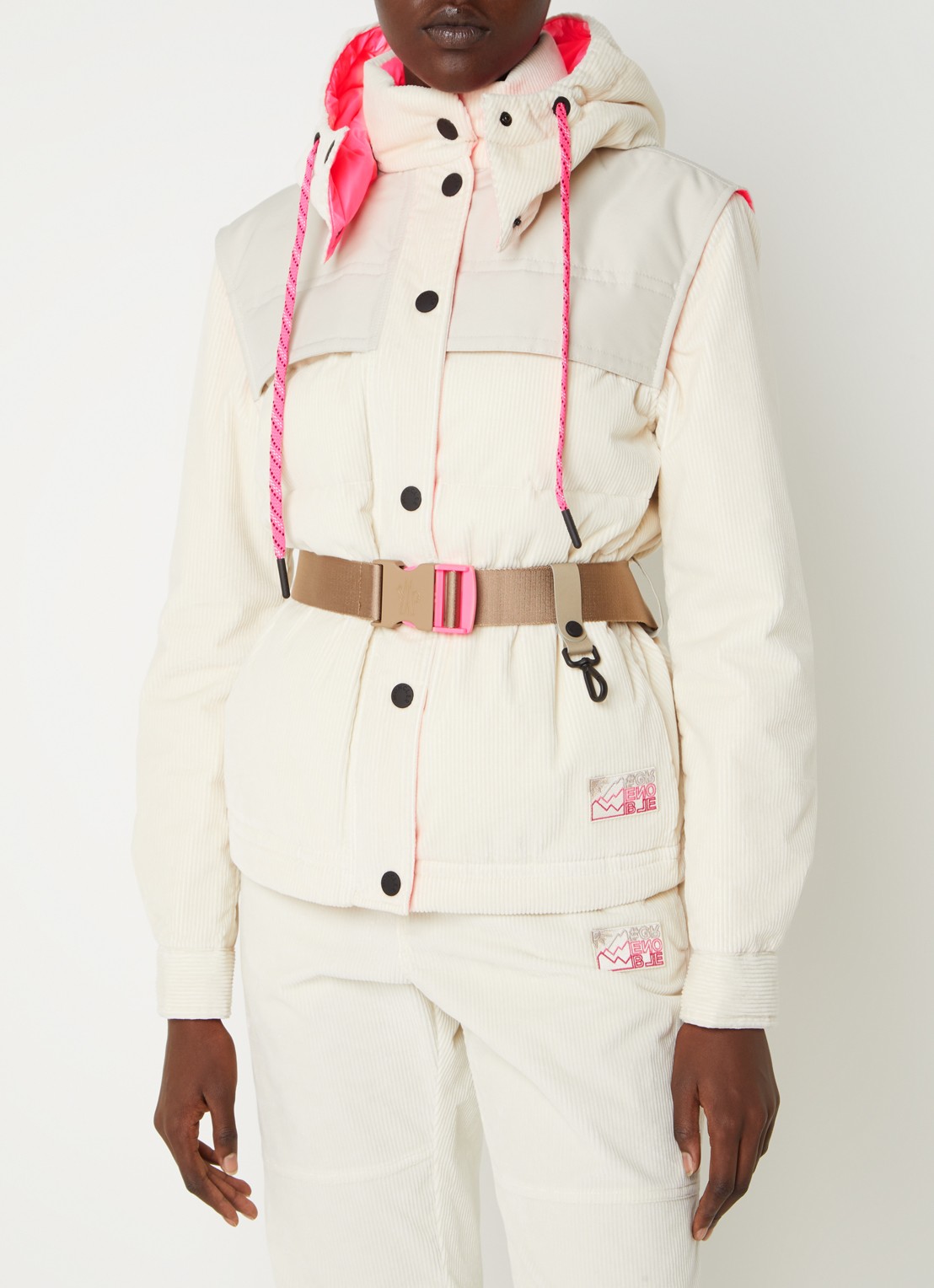 Moncler Puffer jack van corduroy met afneembare mouwen en capuchon - detail 4 gebroken wit