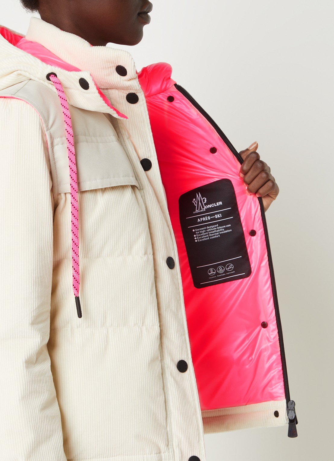 Moncler Puffer jack van corduroy met afneembare mouwen en capuchon - detail 6 gebroken wit