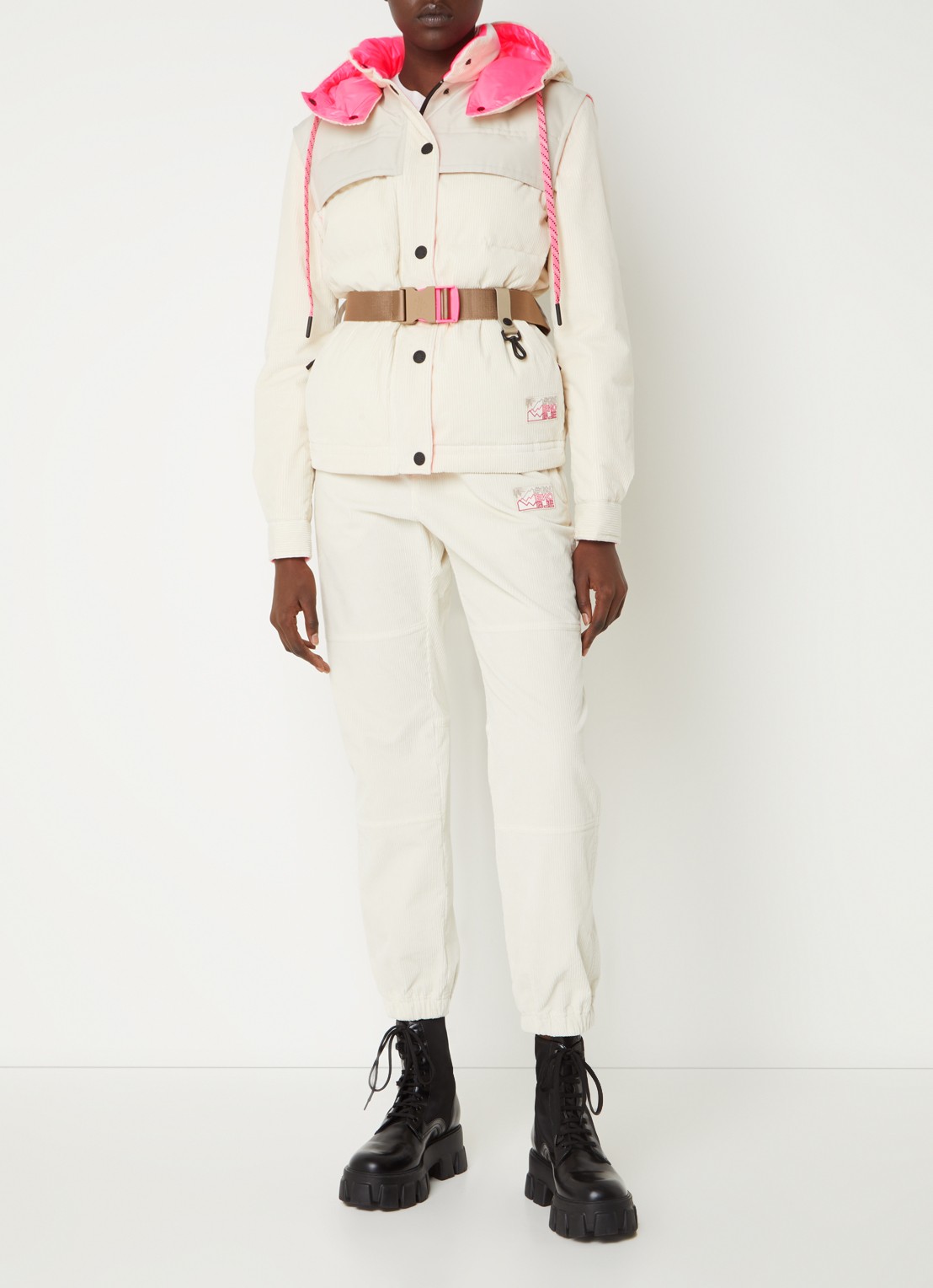 Moncler Puffer jack van corduroy met afneembare mouwen en capuchon - voorkant 3 gebroken wit