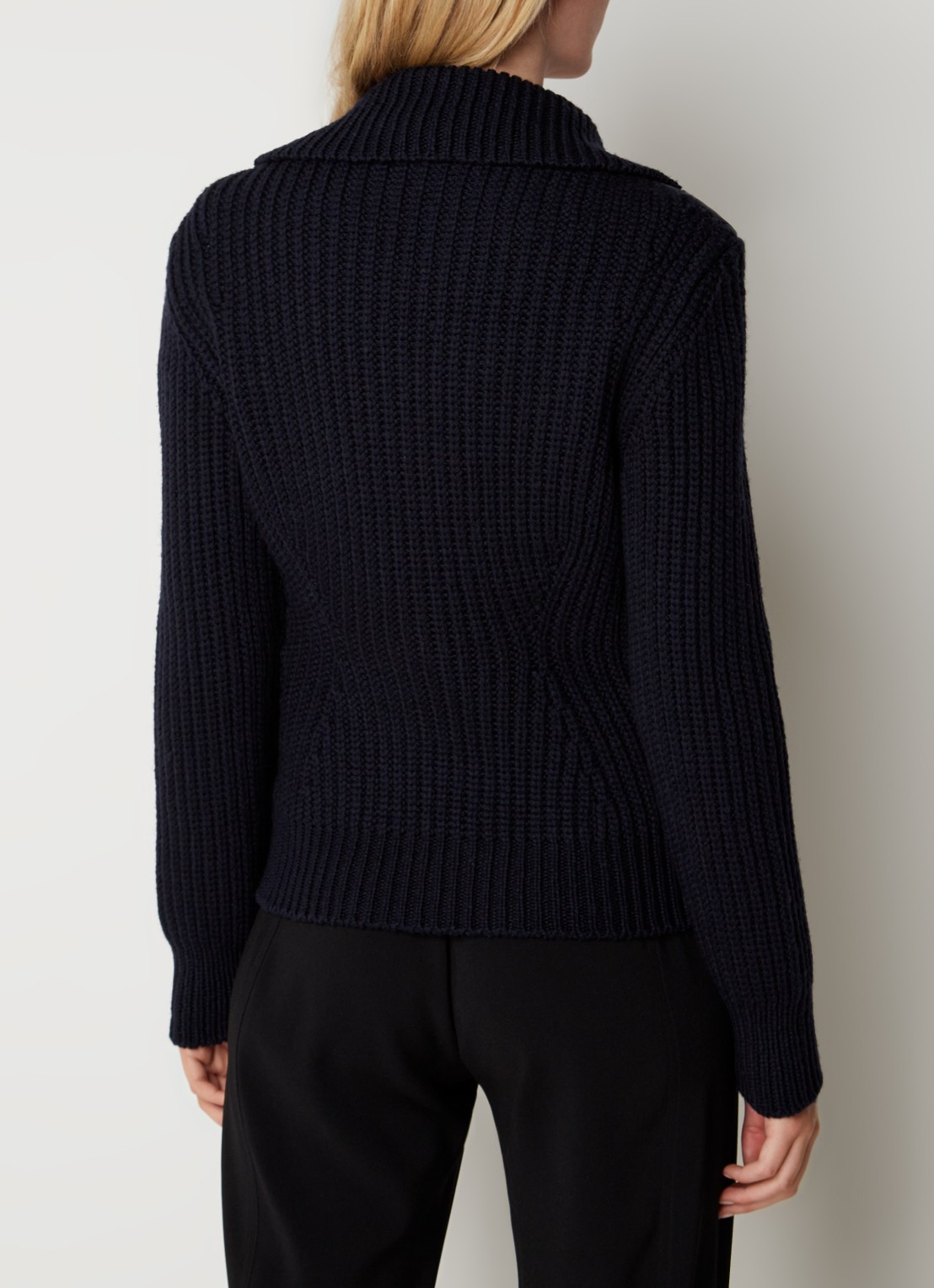 Moncler Ribgebreid vest in wolblend met gewatteerd voorpand - achterkant donkerblauw