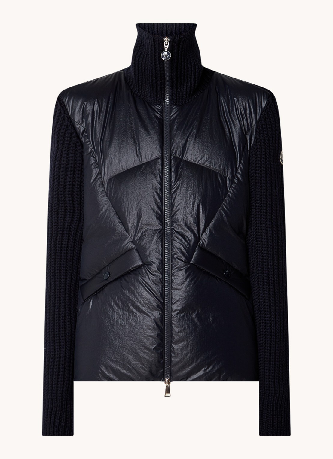 Moncler Ribgebreid vest in wolblend met gewatteerd voorpand - voorkant 2 donkerblauw
