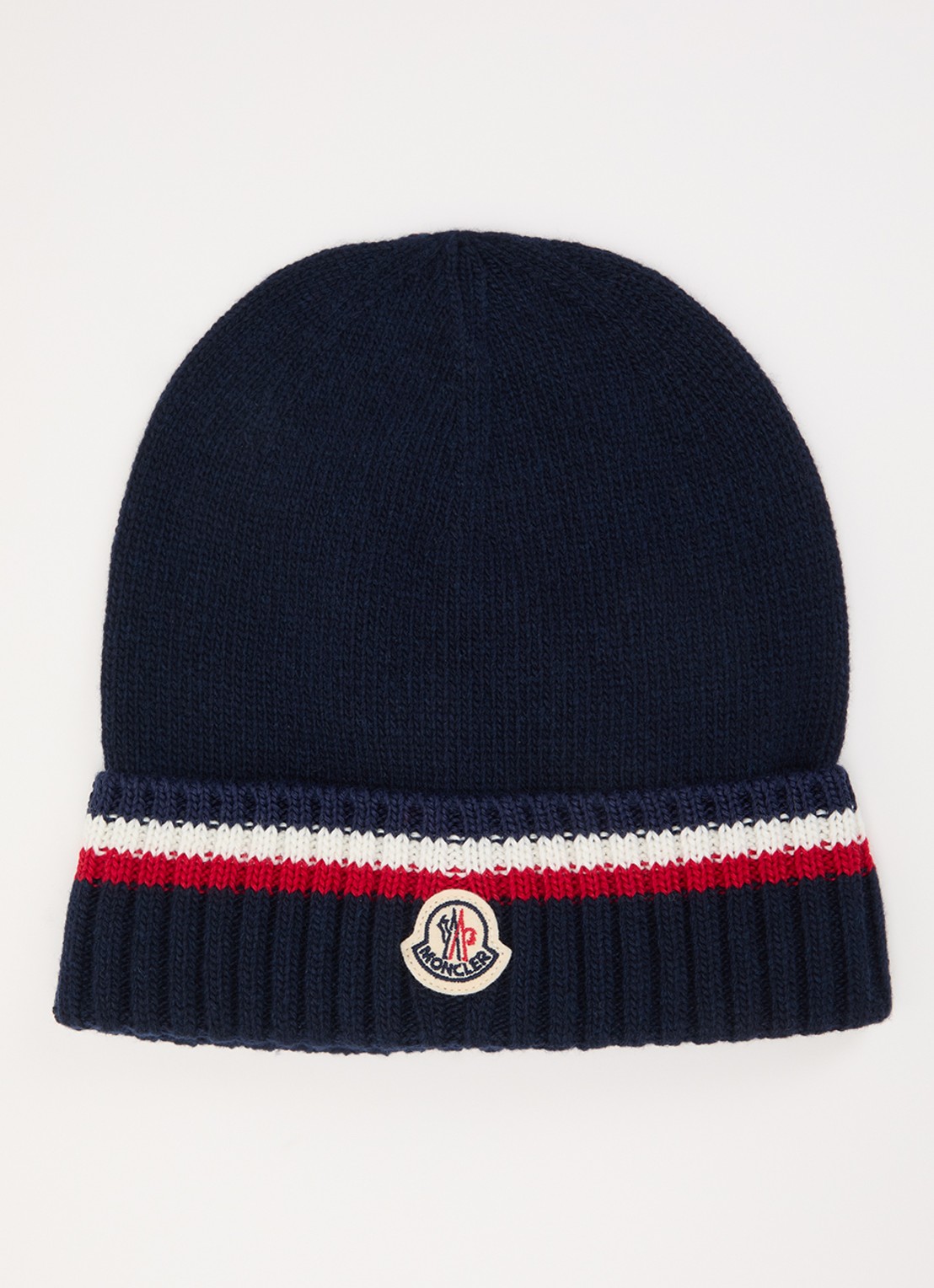 Moncler Ribgebreide muts in cashmere blend met logo  - voorkant donkerblauw