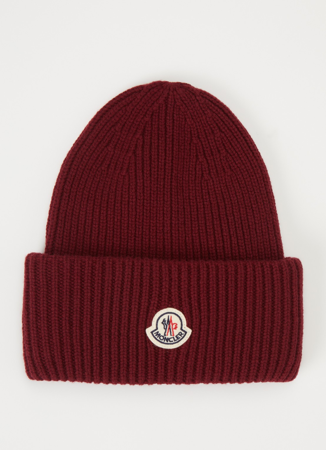 Moncler Ribgebreide muts in kasjmierblend met logo - voorkant bordeauxrood