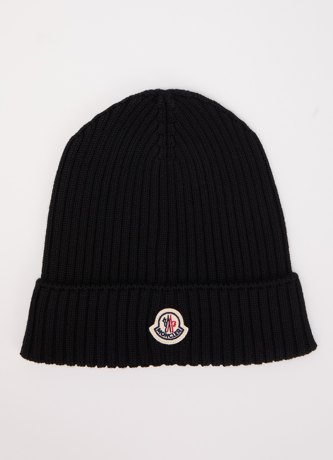 Moncler Ribgebreide muts van wol met logo - voorkant zwart