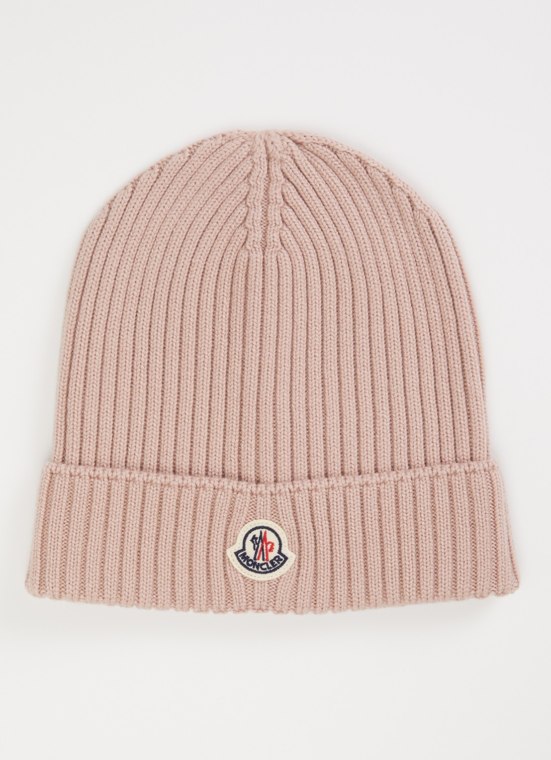 Moncler Ribgebreide muts van wol met logo - voorkant oudroze