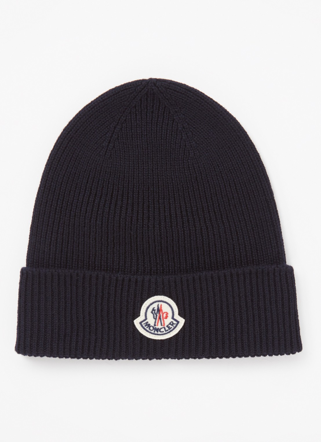 Moncler Ribgebreide muts van wol met logo - voorkant donkerblauw