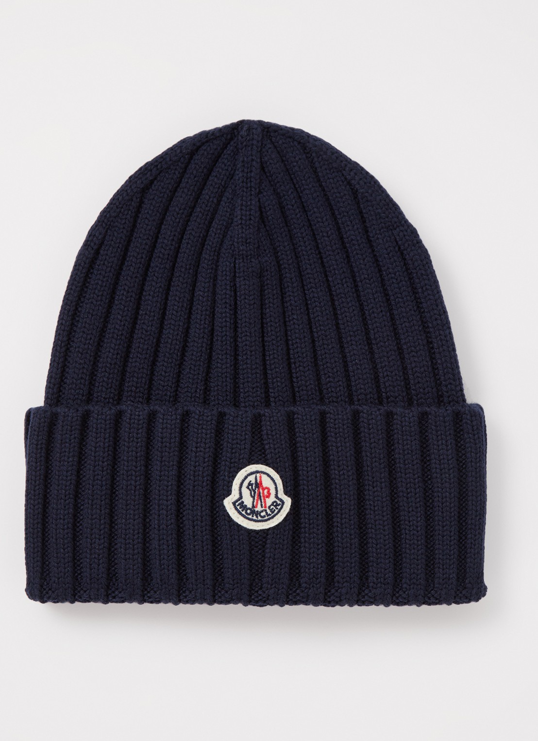 Moncler Ribgebreide muts van wol met logo  - voorkant donkerblauw