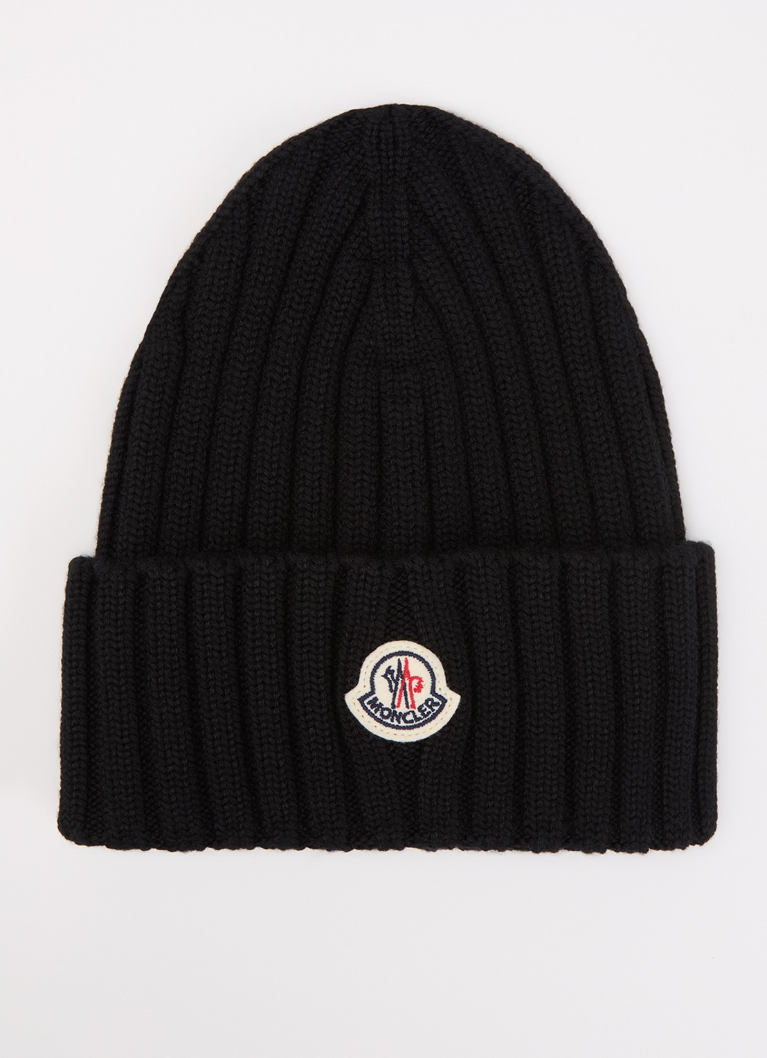 Moncler Ribgebreide muts van wol met logo - voorkant zwart