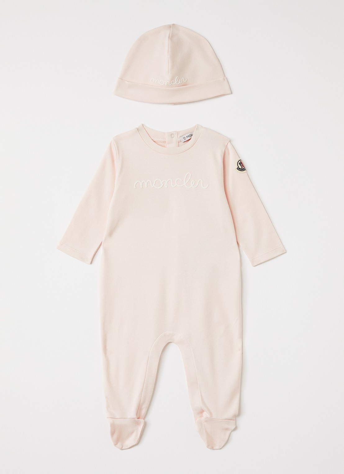 Moncler Set van babypak met muts in giftbox 2-delig - voorkant lichtroze