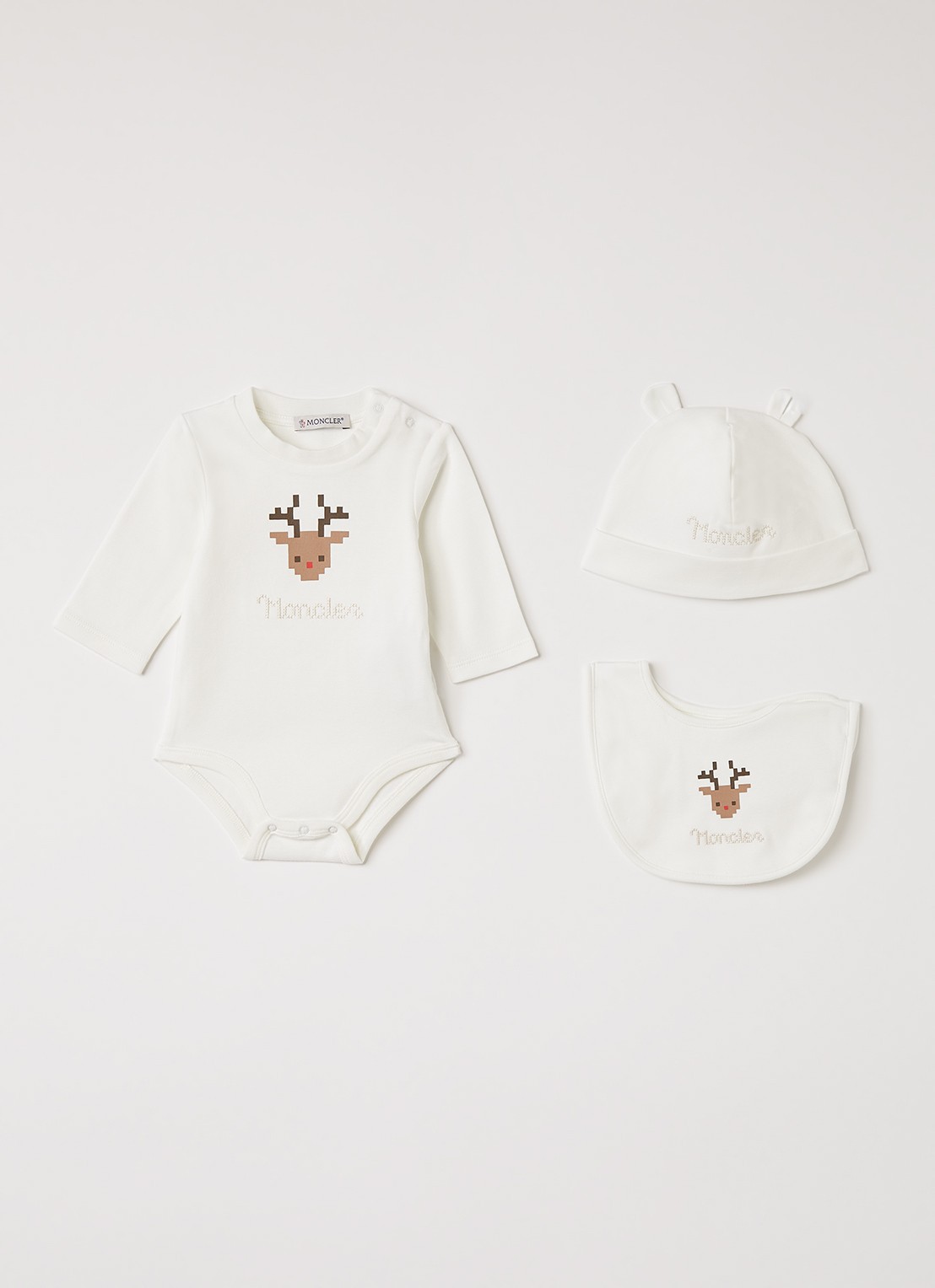 Moncler Set van romper met muts en slab in giftbox 3-delig - voorkant 2 wit