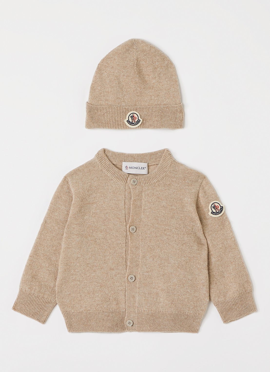 Moncler Set van vest met muts in giftbox 3-delig - voorkant beige