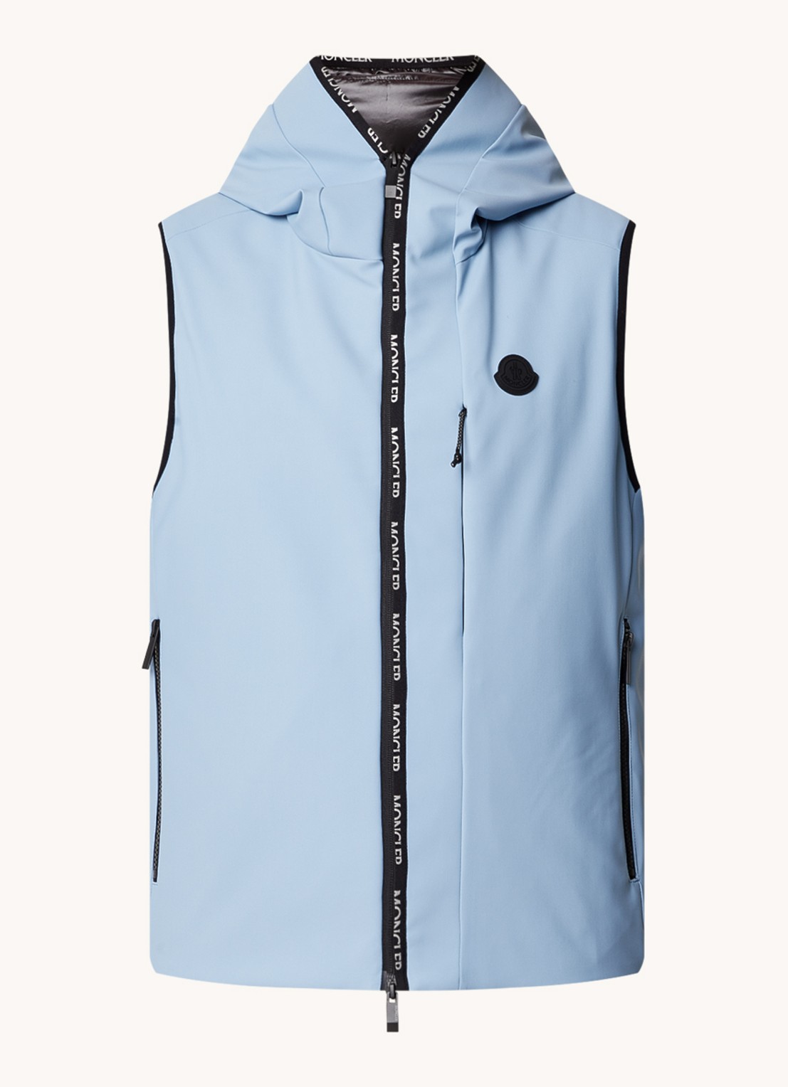 Moncler Softshell bodywarmer met donsvulling en capuchon - voorkant 5 lichtblauw