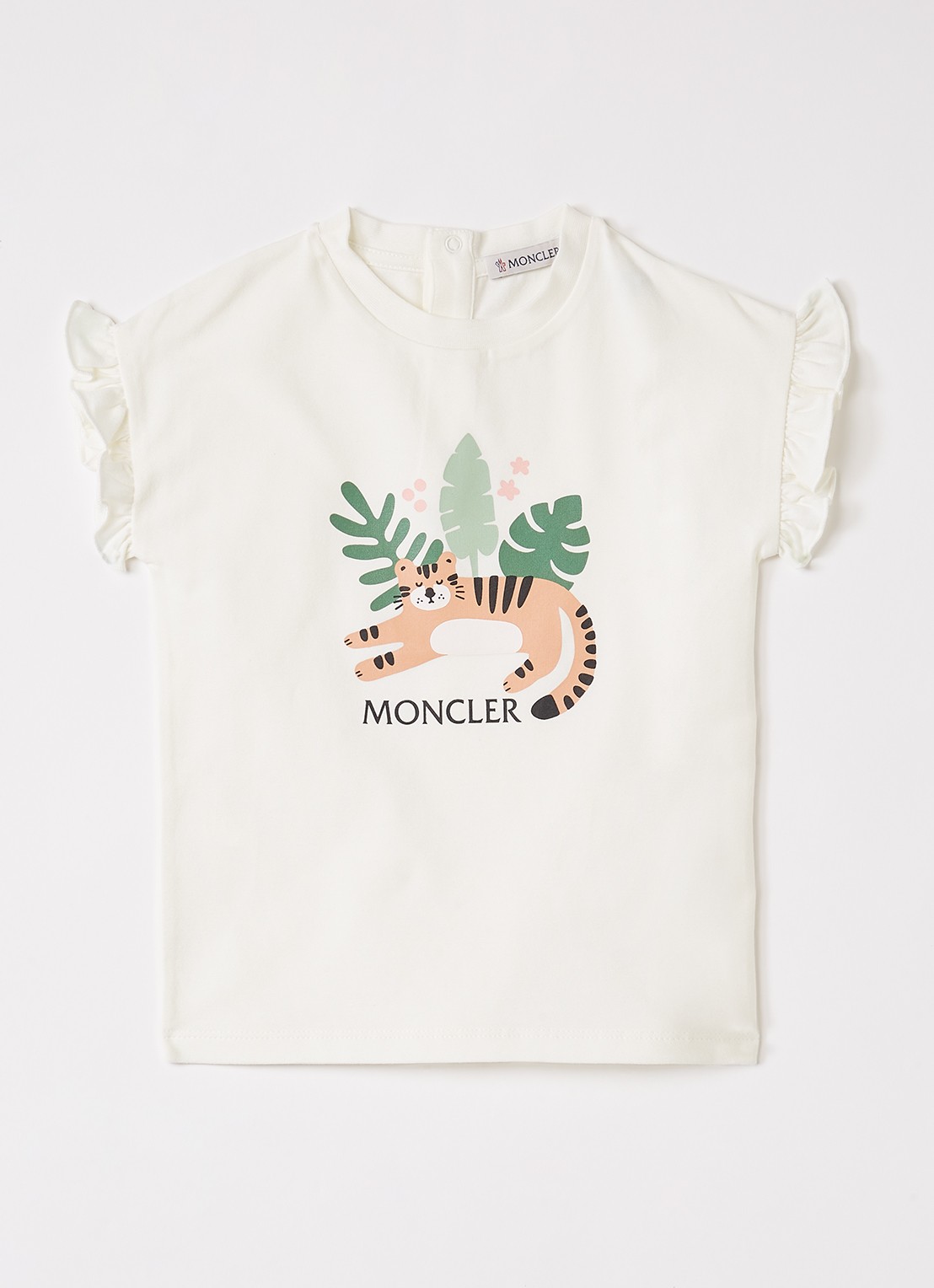 Moncler T-shirt met logoprint en volant - voorkant gebroken wit