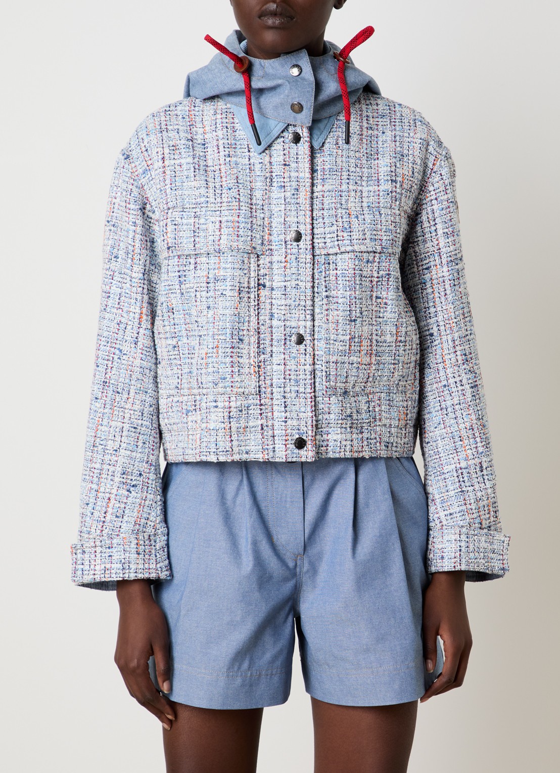 Moncler Termez jack met tweed-look en afneembare capuchon - detail 4 lichtblauw