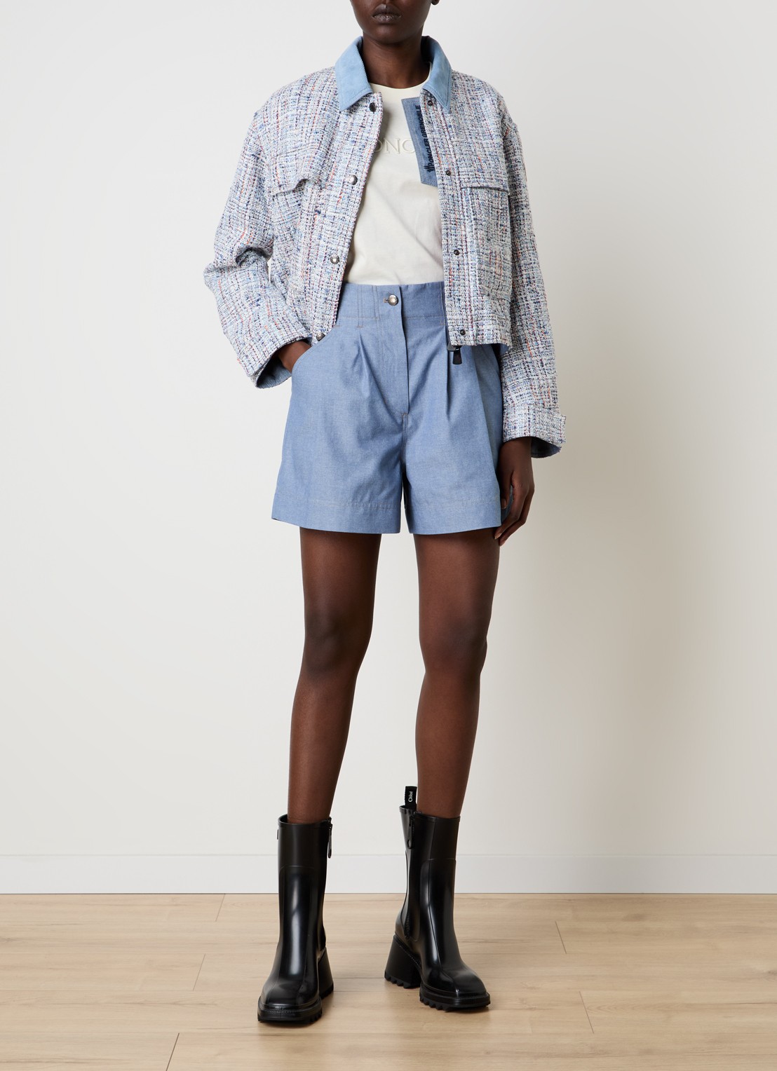 Moncler Termez jack met tweed-look en afneembare capuchon - voorkant 3 lichtblauw