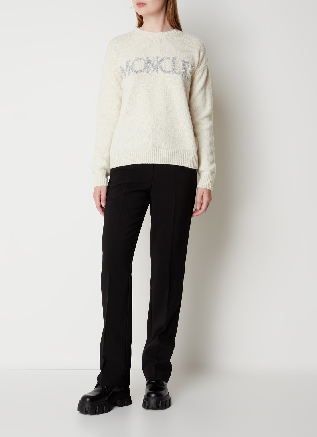 Moncler Trui van wol met logo - voorkant 2 vanillegeel