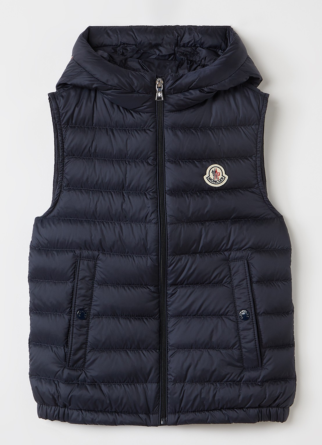 Moncler Uzay gewatteerde bodywarmer met donsvulling en capuchon - voorkant donkerblauw