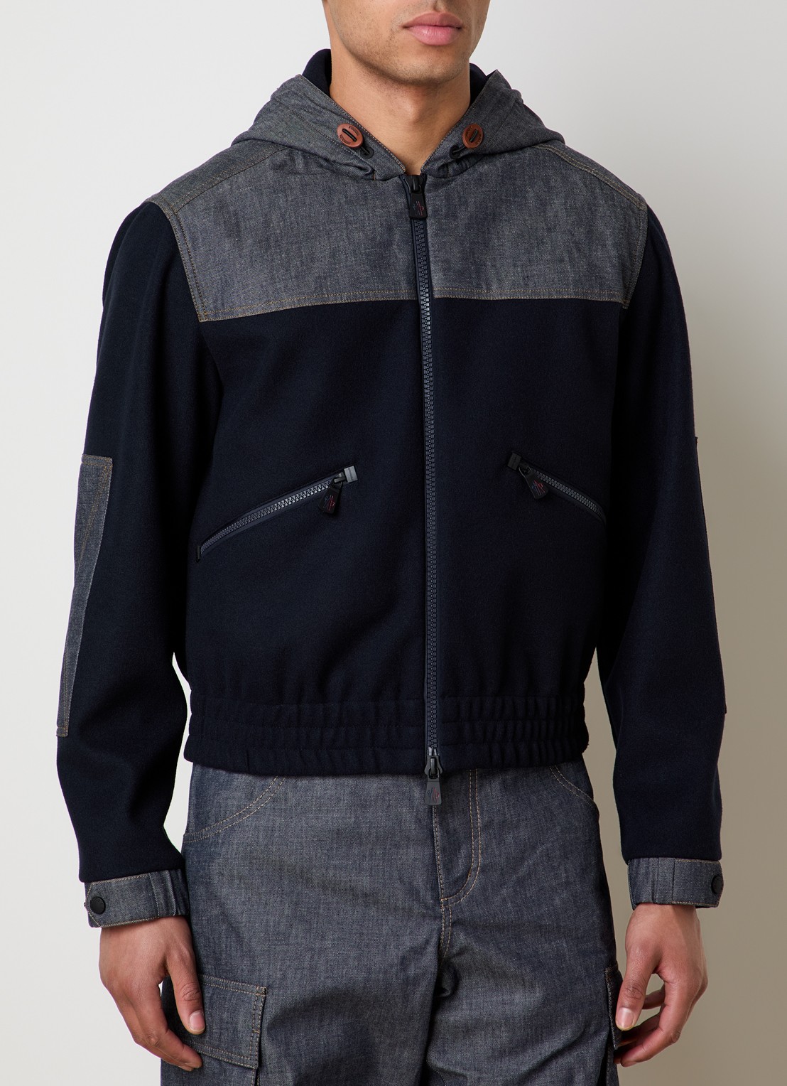 Moncler Vest van fleece met capuchon en details van denim - detail 4 donkerblauw