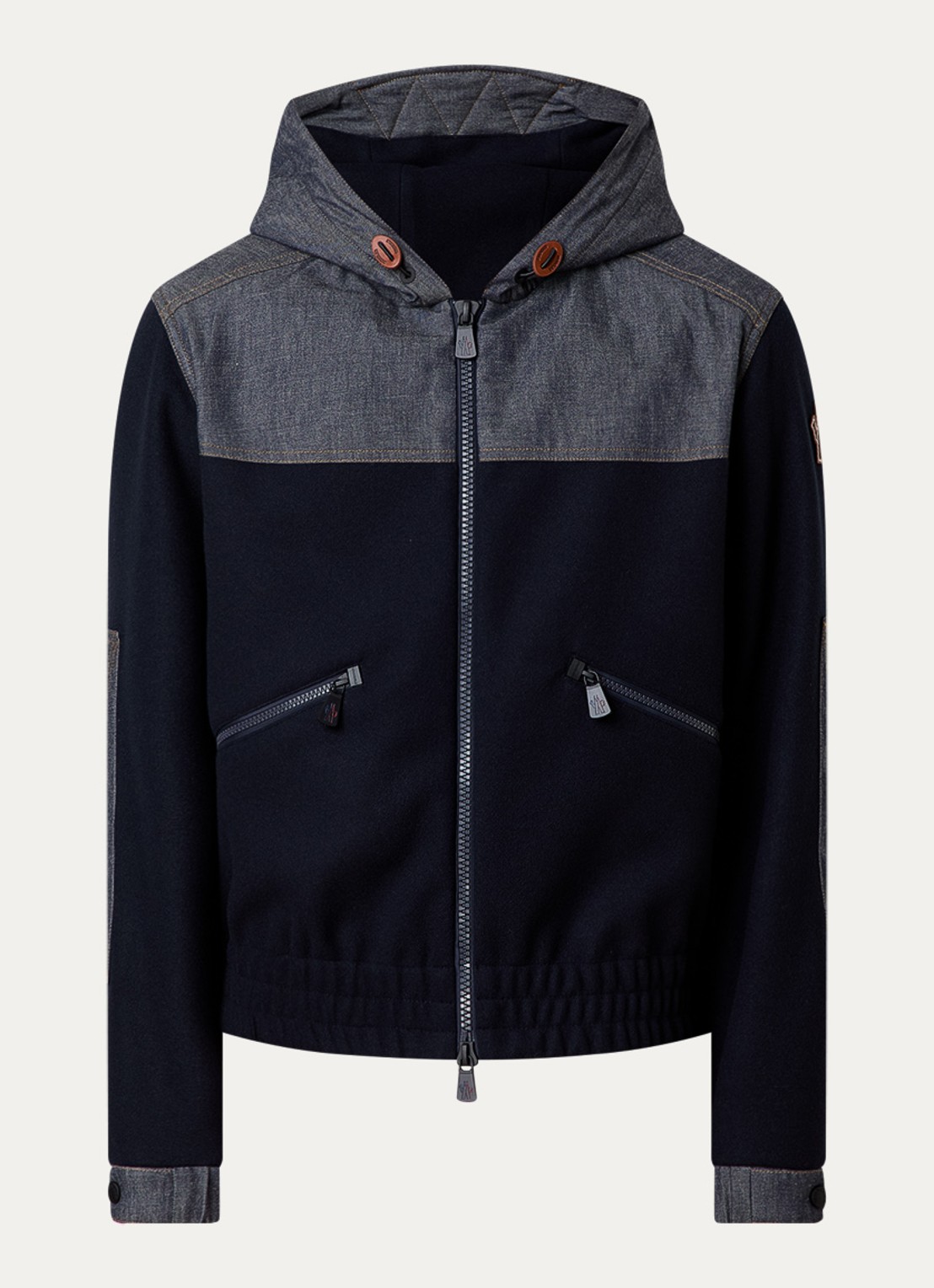 Moncler Vest van fleece met capuchon en details van denim - voorkant 2 donkerblauw