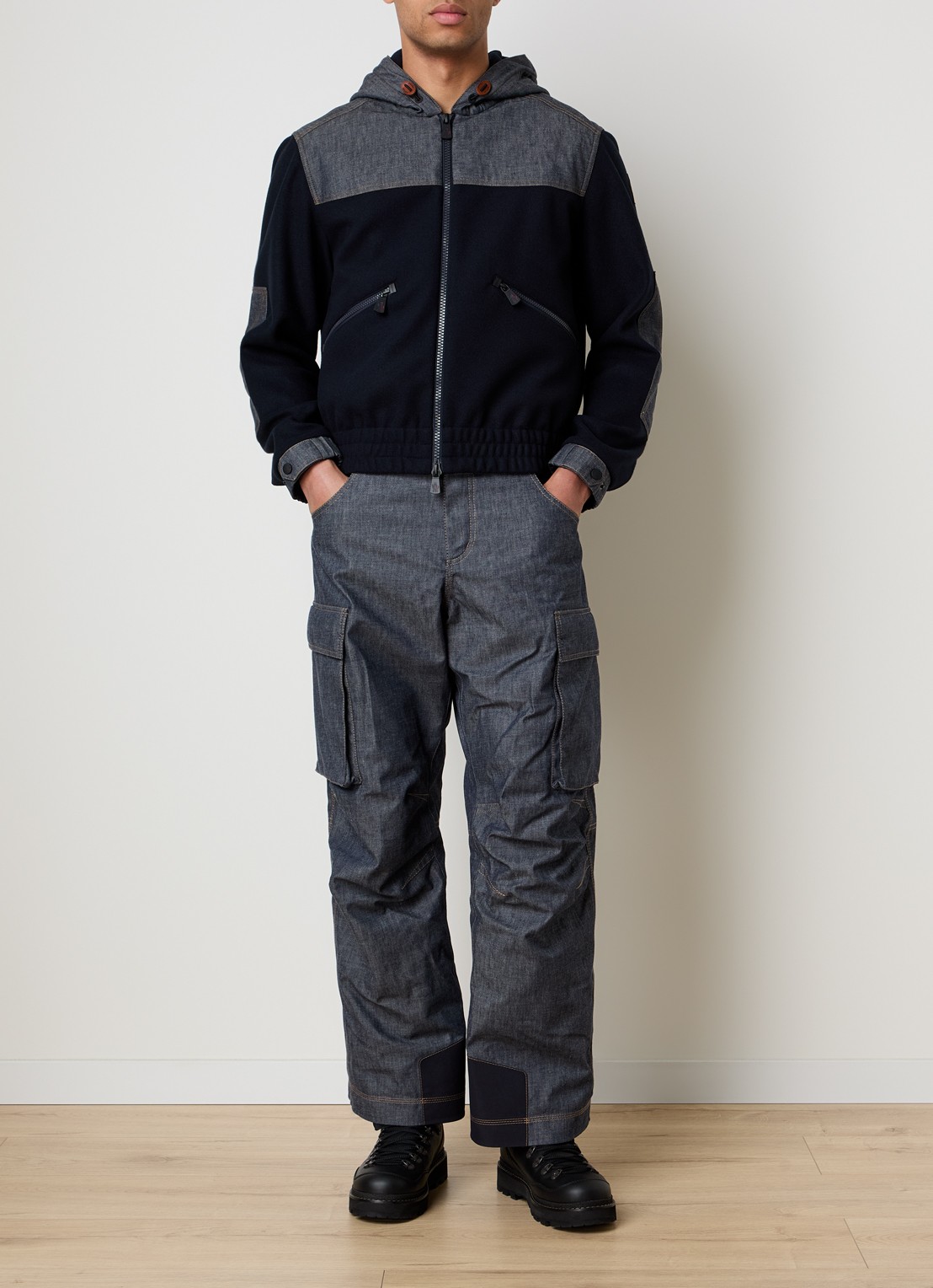 Moncler Vest van fleece met capuchon en details van denim - voorkant 3 donkerblauw