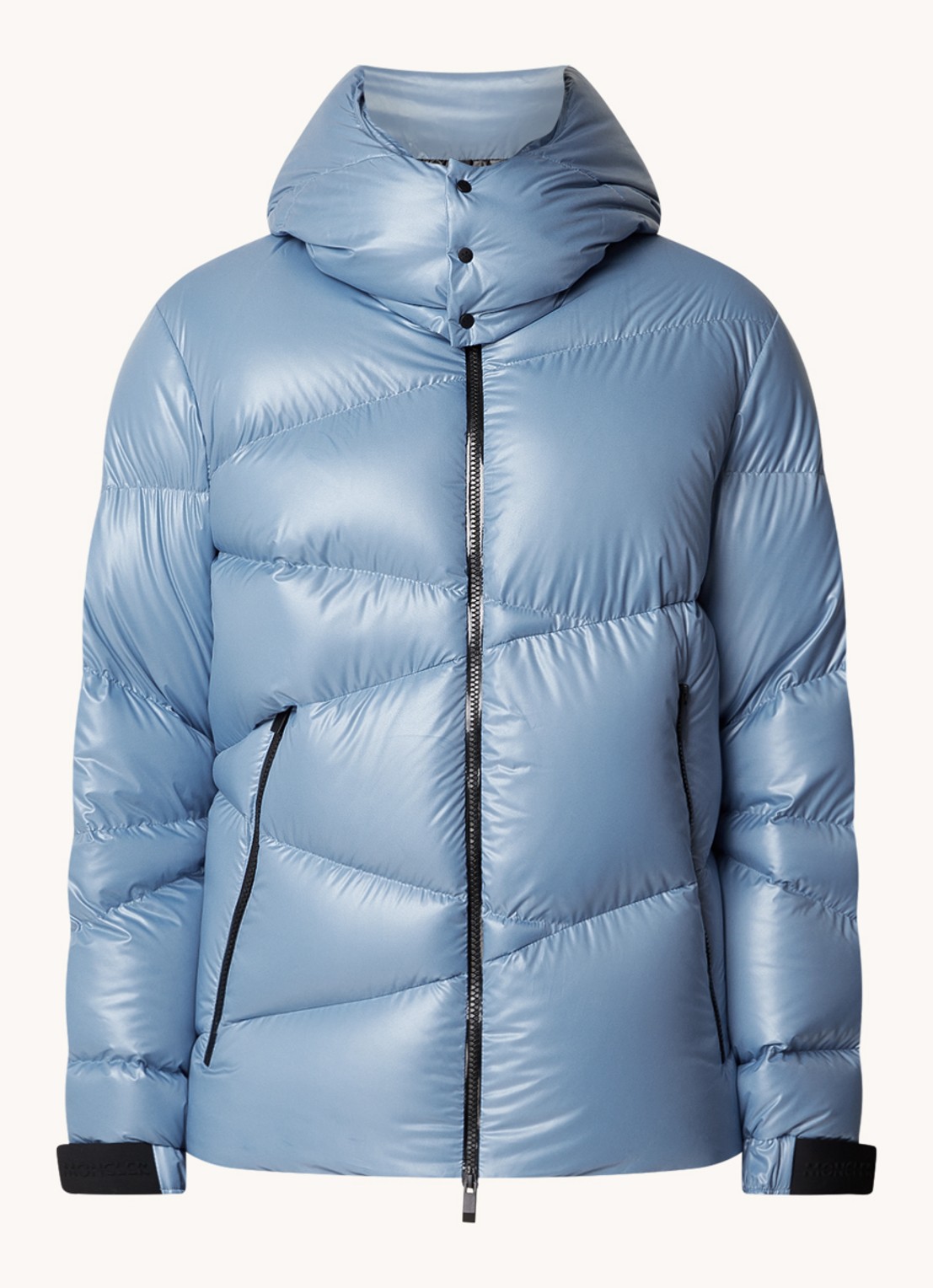 Moncler Yonne puffer jack met donsvulling en afneembare capuchon  - voorkant 2 lichtblauw