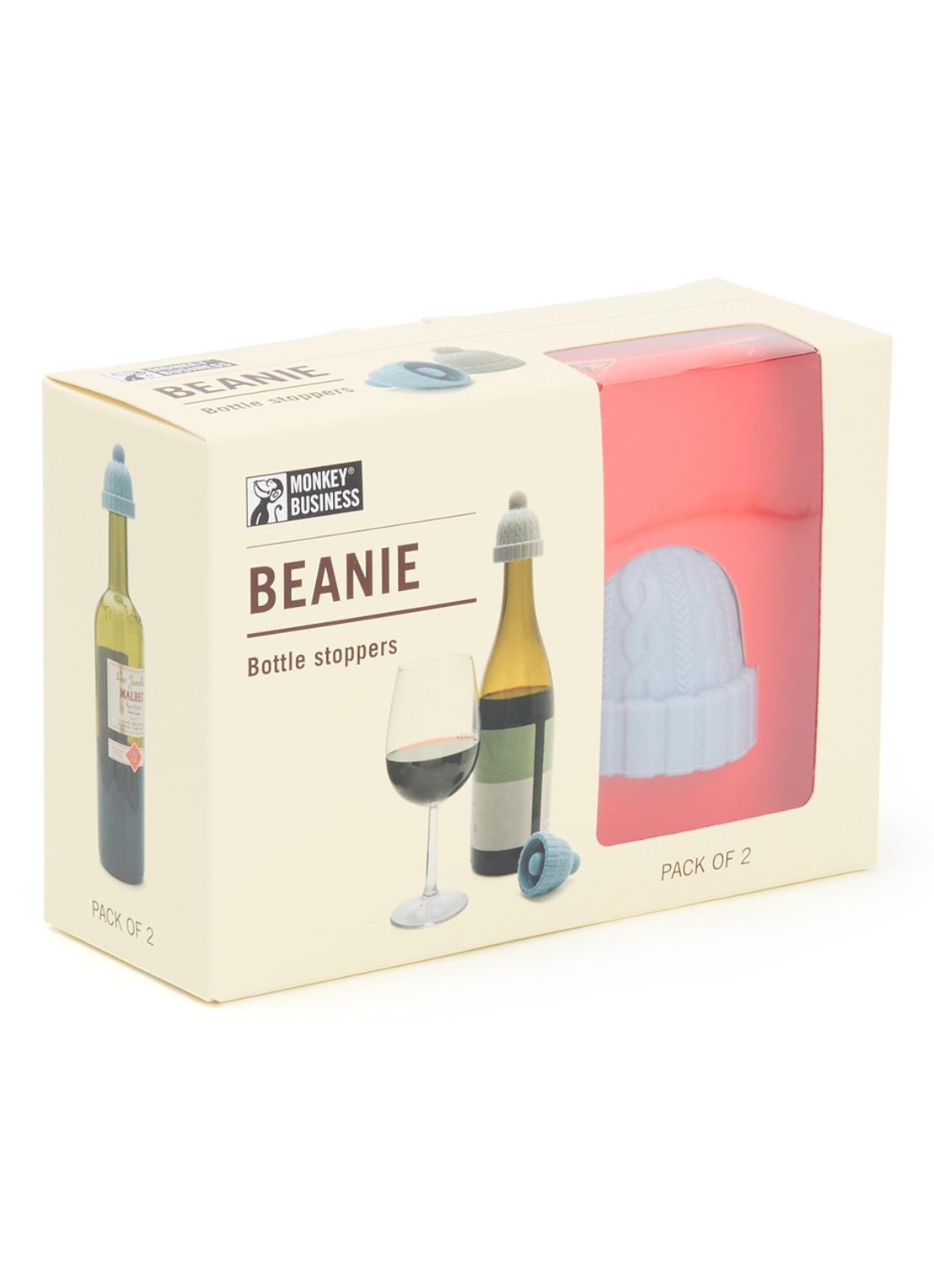 Monkey Business Beanie wijnstopper set van 2 - voorkant blauw