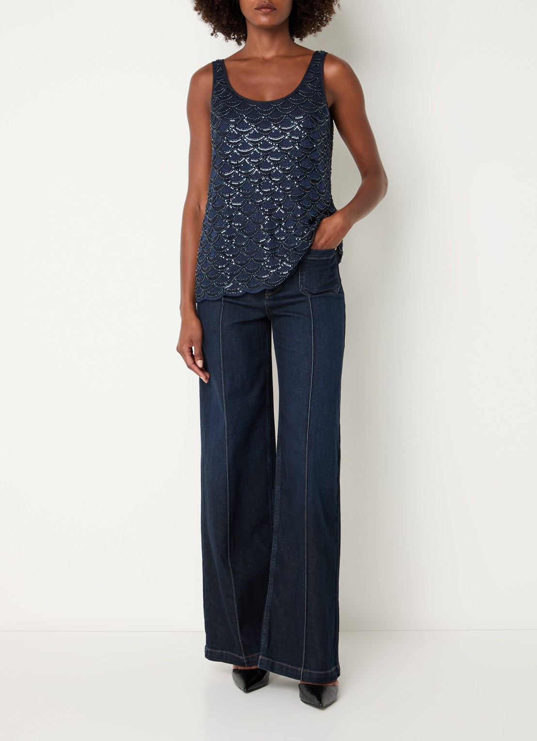 Mos Mosh Colette high waist flared jeans met donkere wassing - voorkant 2 indigo