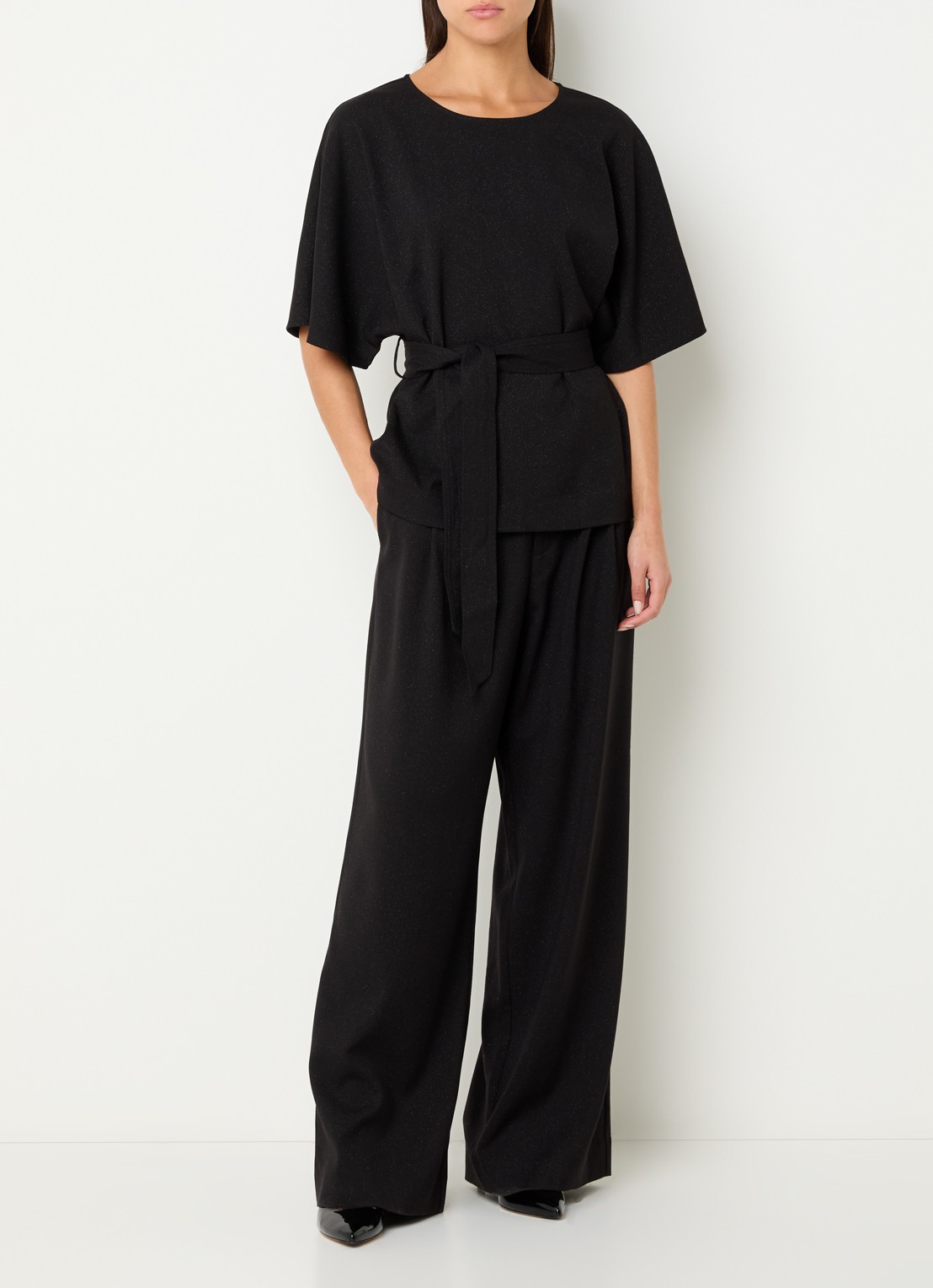 Mos Mosh Evie high waist wide fit pantalon met lurex - voorkant 4 zwart
