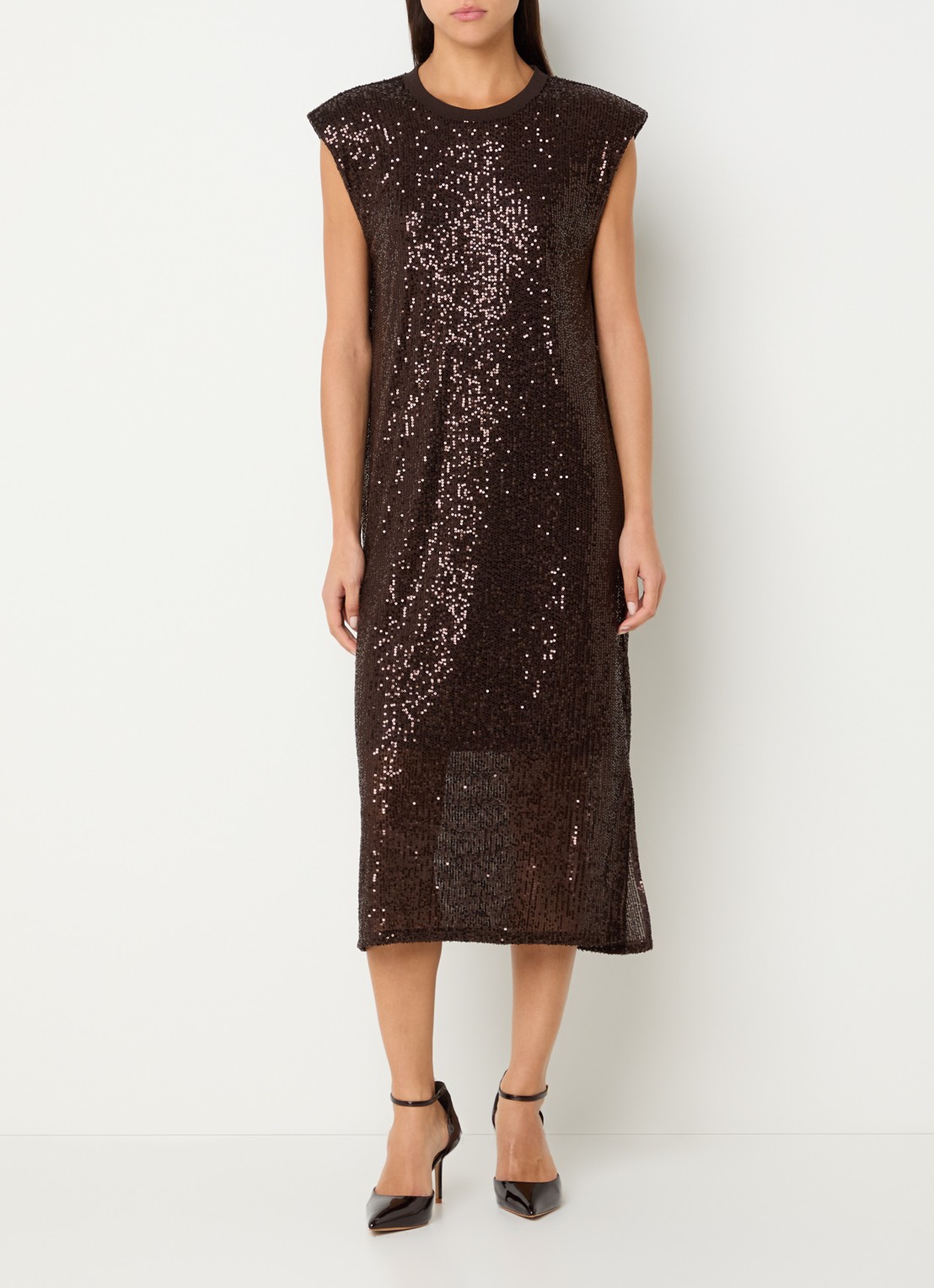Mos Mosh MMAran midi jurk met pailletten - detail bruin