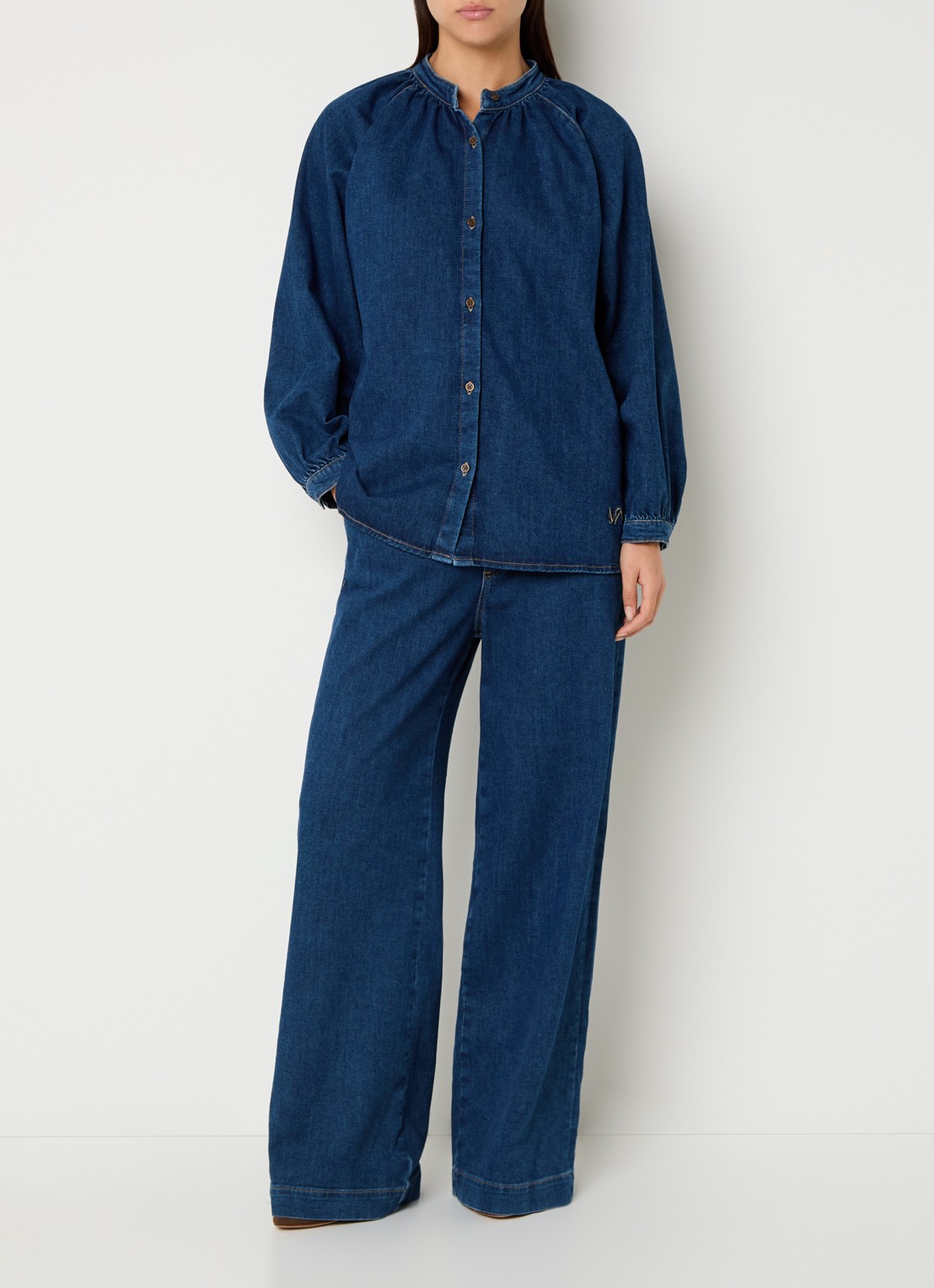 Mos Mosh MMBello blouse van denim met ballonmouw - voorkant 4 indigo