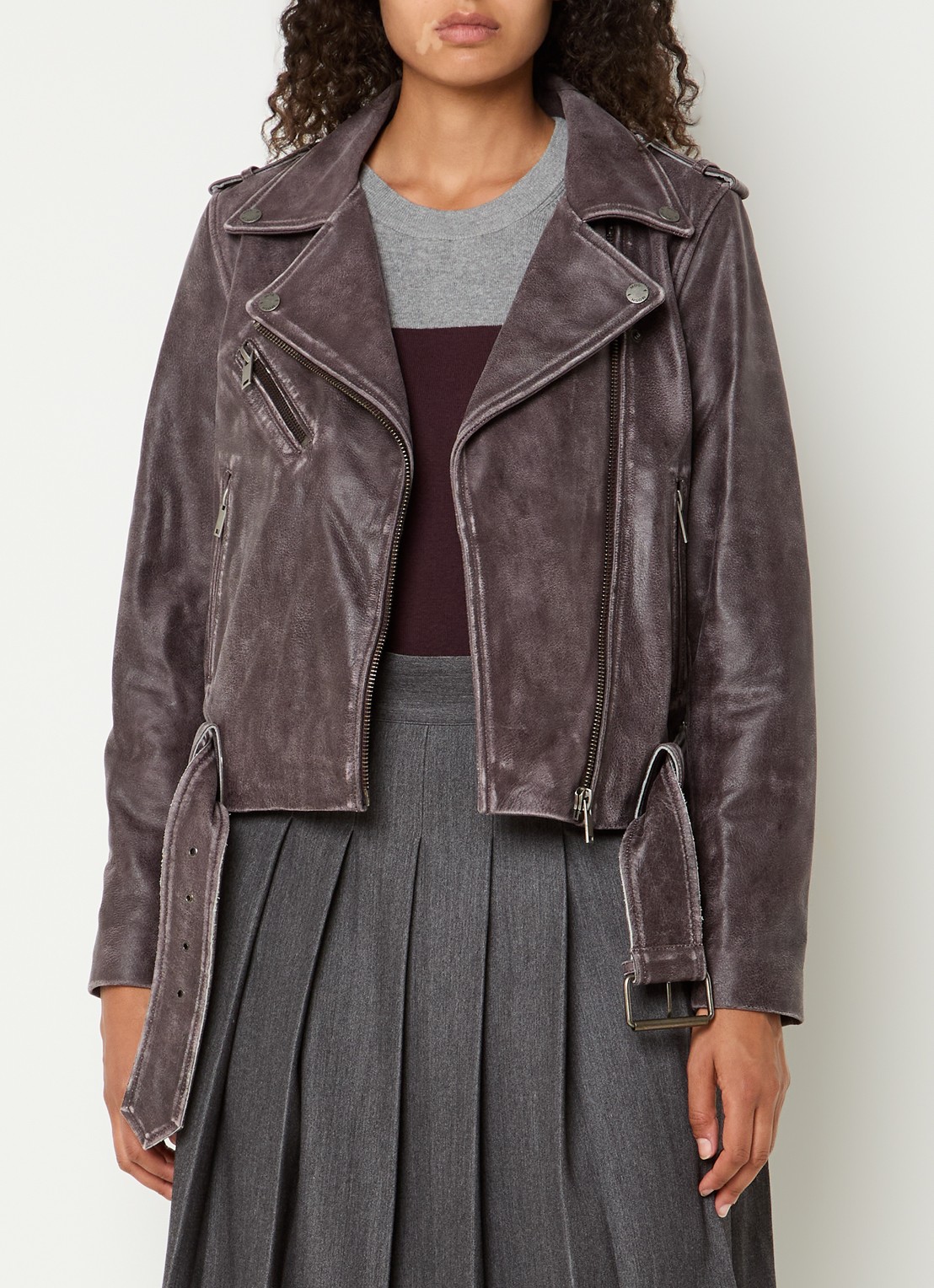 Mos Mosh MMCelia bikerjack van leer met ceintuur - detail 4 aubergine