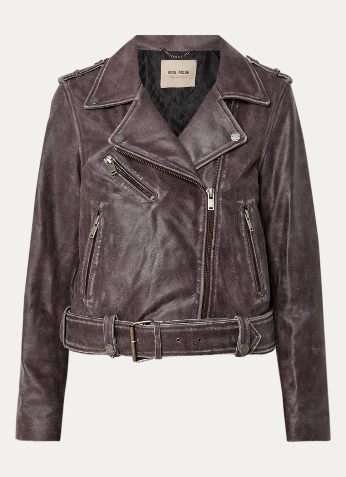 Mos Mosh MMCelia bikerjack van leer met ceintuur - voorkant 2 aubergine