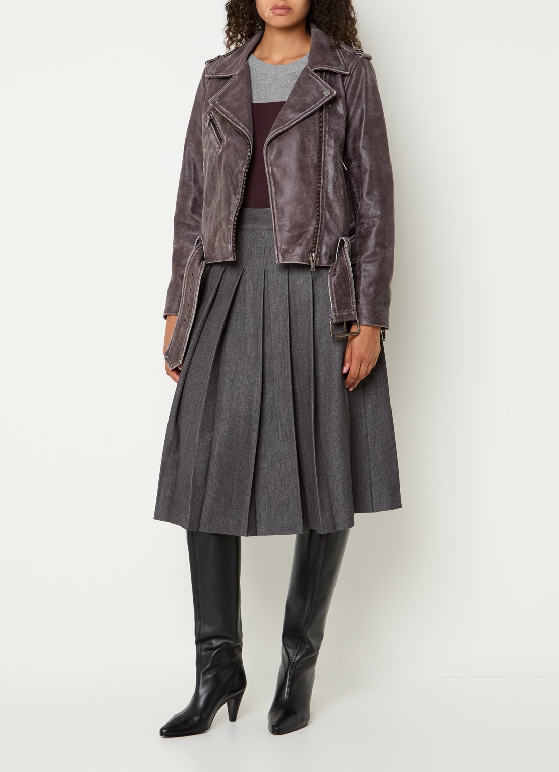 Mos Mosh MMCelia bikerjack van leer met ceintuur - voorkant 3 aubergine