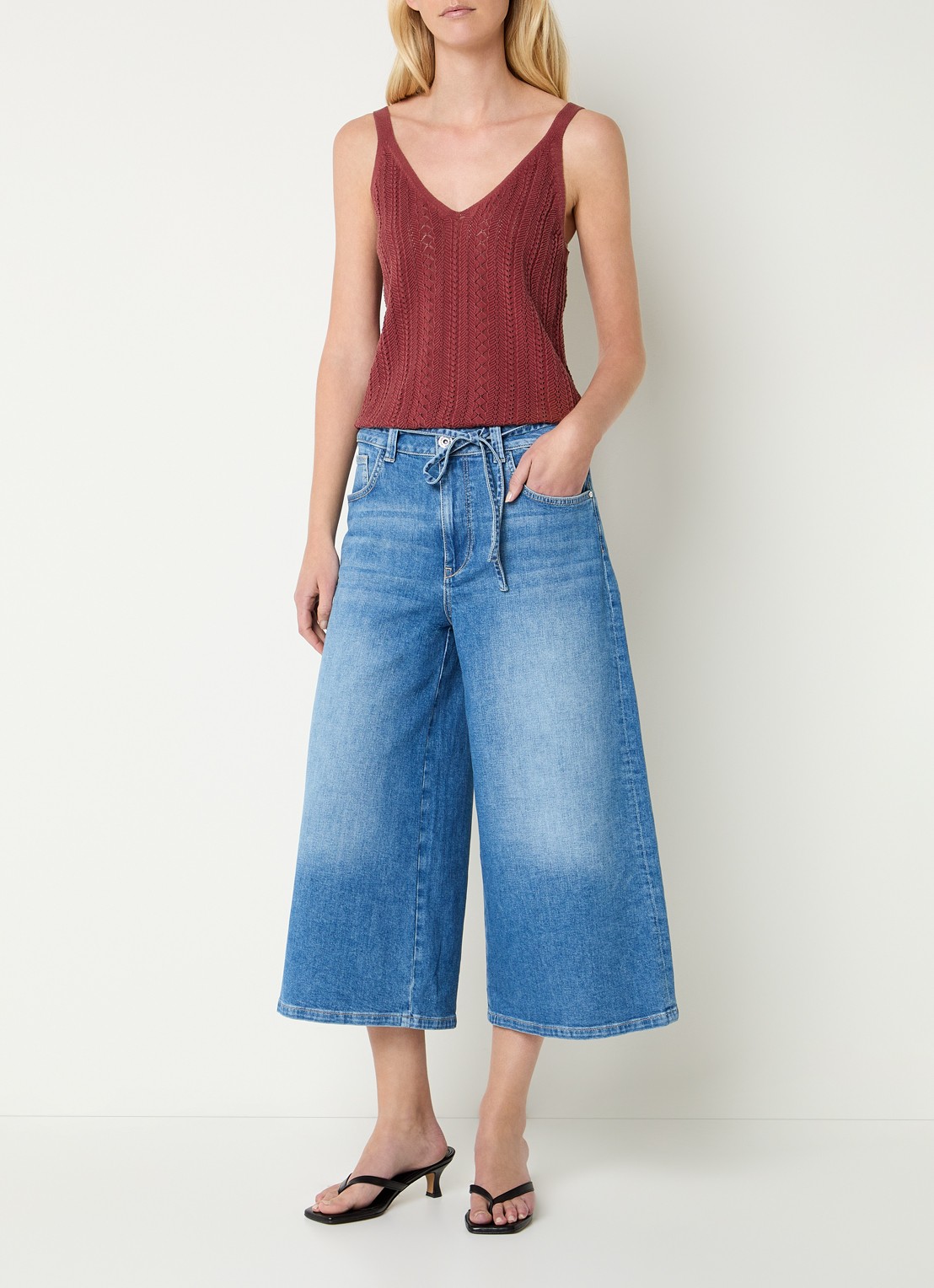 Mos Mosh MMCulotte Zack high waist wide fit culotte met steekzakken - voorkant 3 blauw