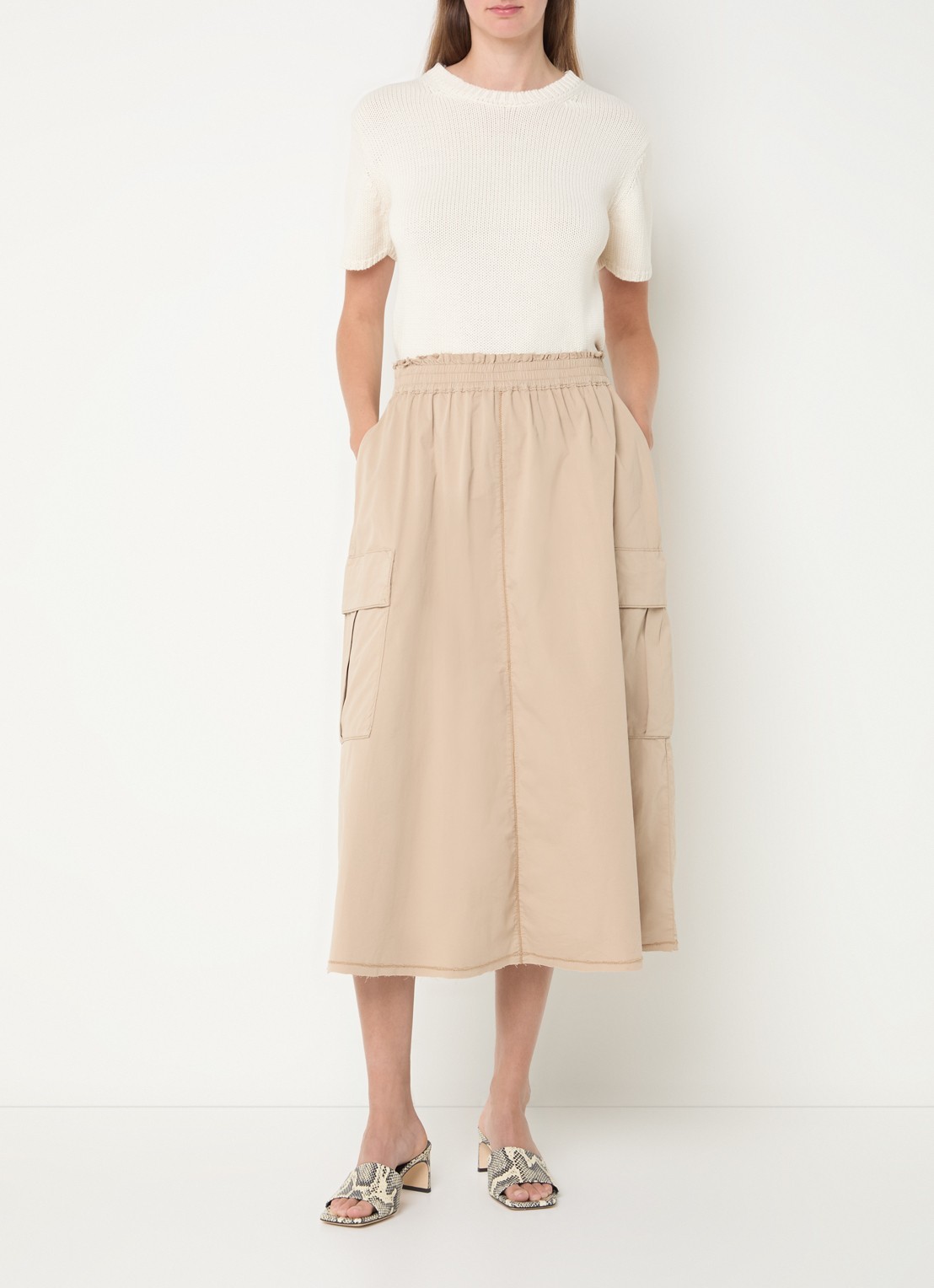 Mos Mosh MMDahlia midi rok met klepzakken - voorkant 2 beige
