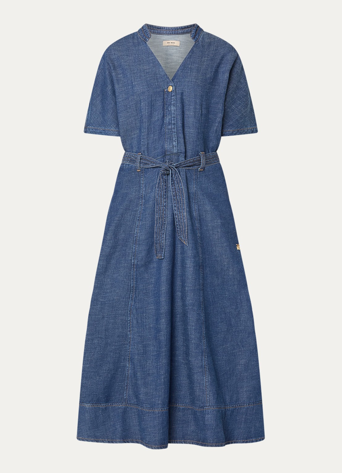 Mos Mosh MMEla Arfge midi denimjurk met strikceintuur - voorkant 3 indigo