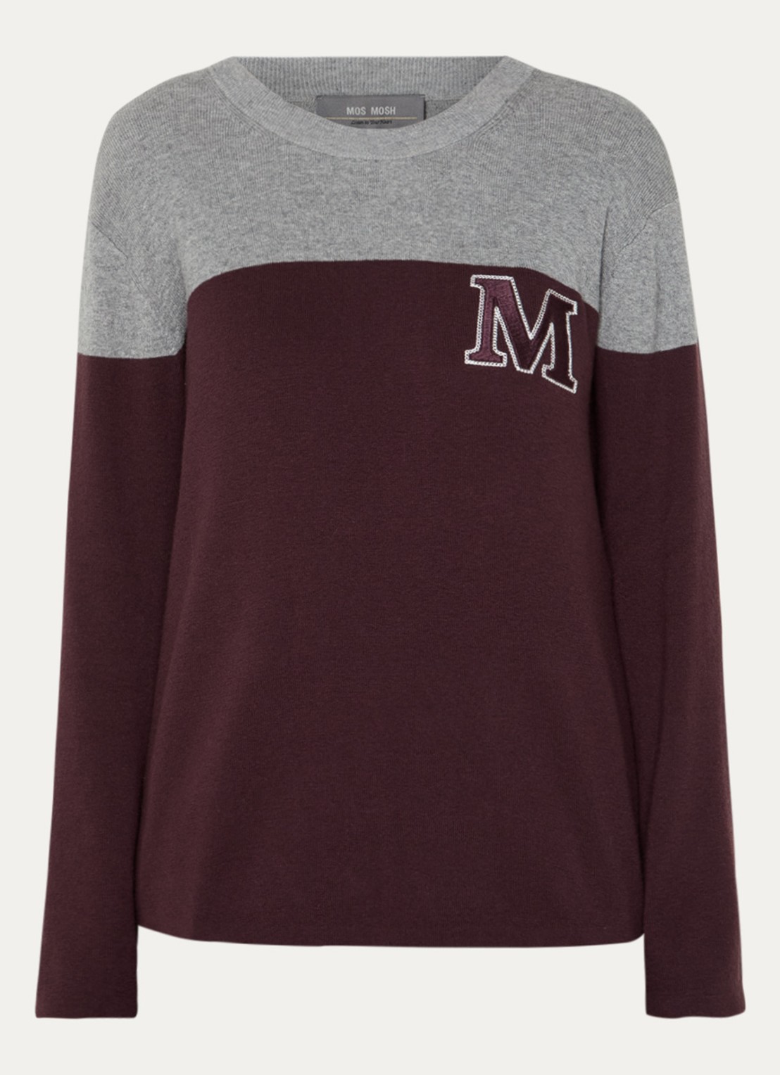 Mos Mosh MMFast fijngebreide pullover met logoborduring - voorkant aubergine