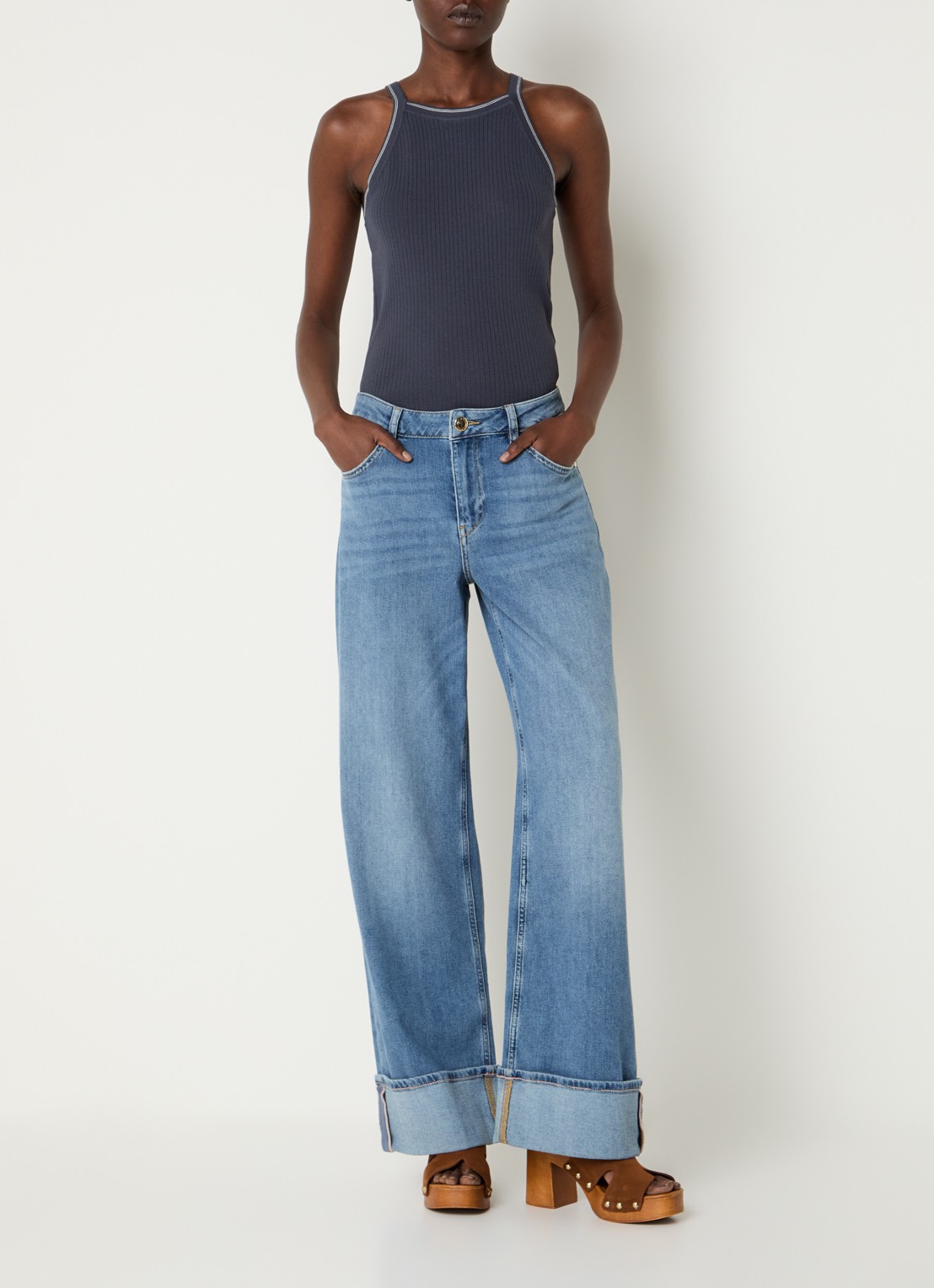 Mos Mosh MMImanja tanktop in zijdeblend met ribstructuur - voorkant 2 donkerblauw