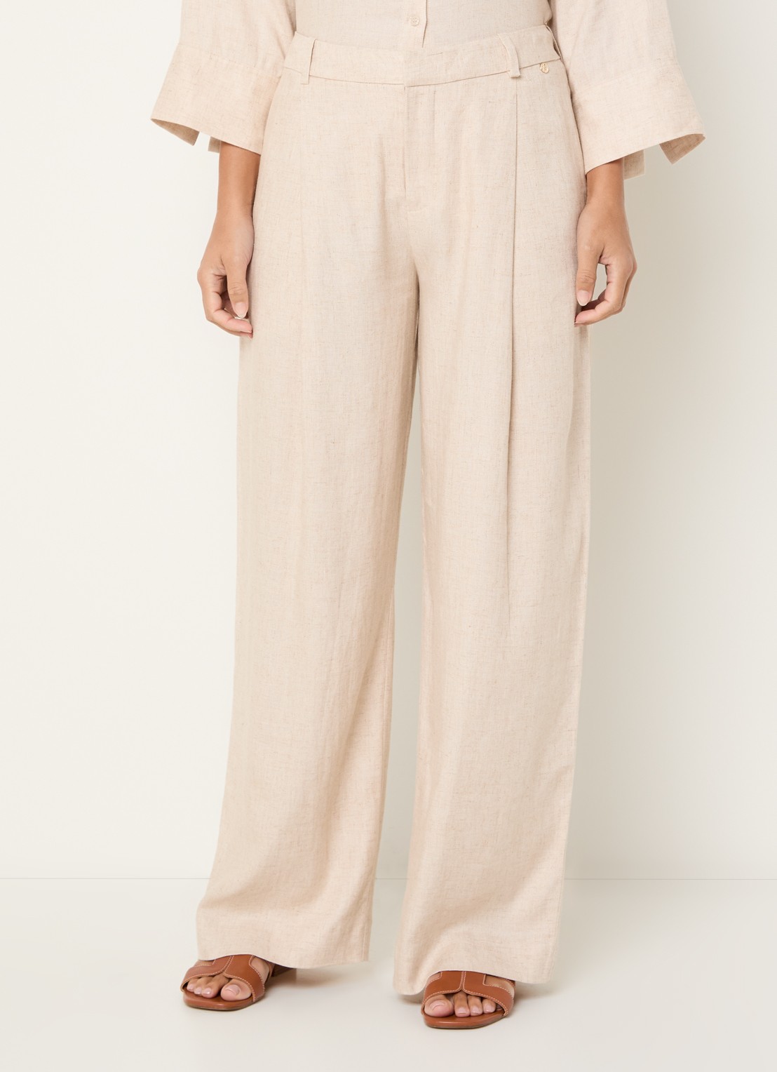 Mos Mosh MMIssa high waist wide fit pantalon in linnenblend - detail beige