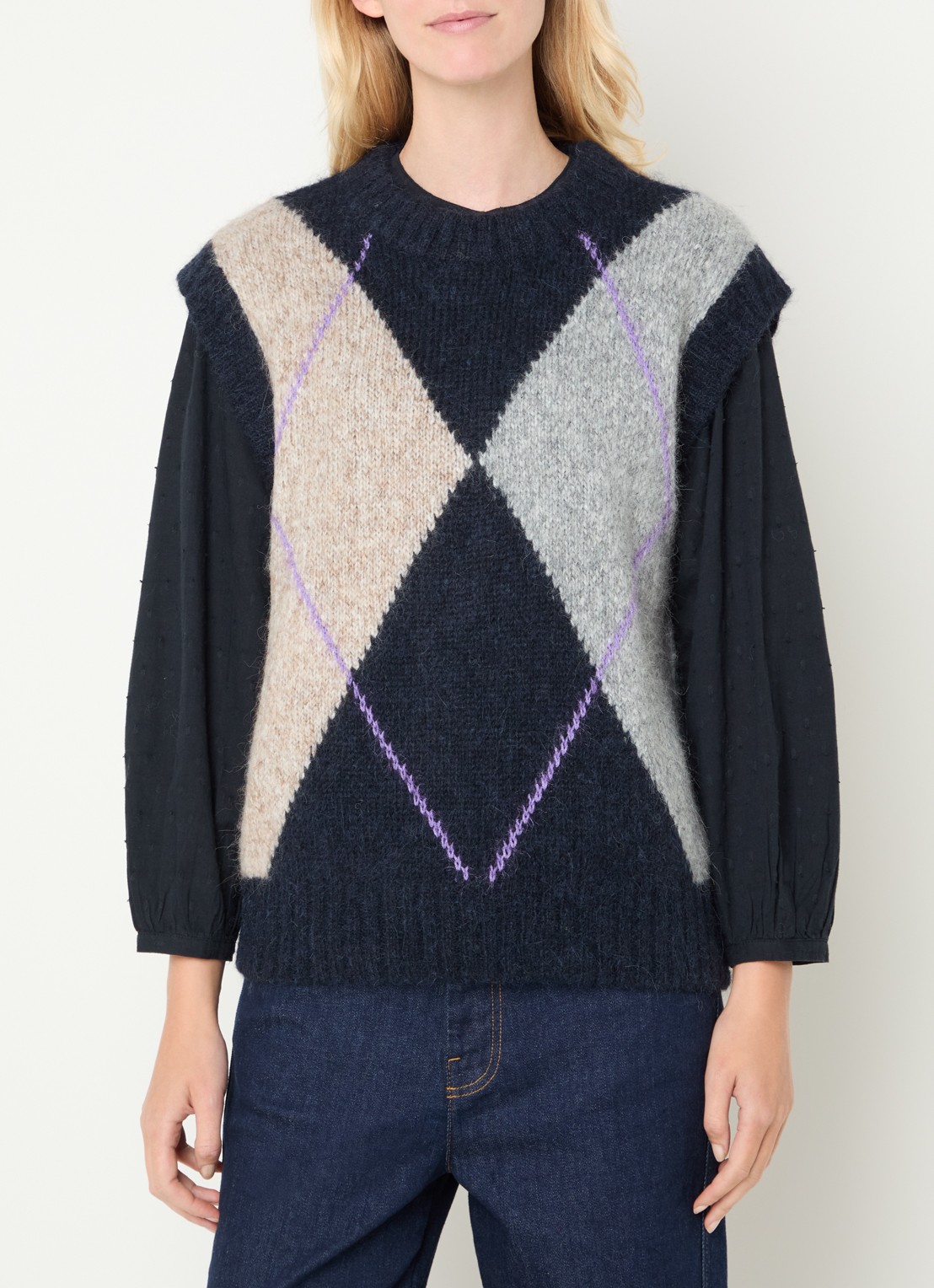 Mos Mosh MMJennine grofgebreide spencer in alpaca wolblend met ruitdessin - detail 3 donkerblauw