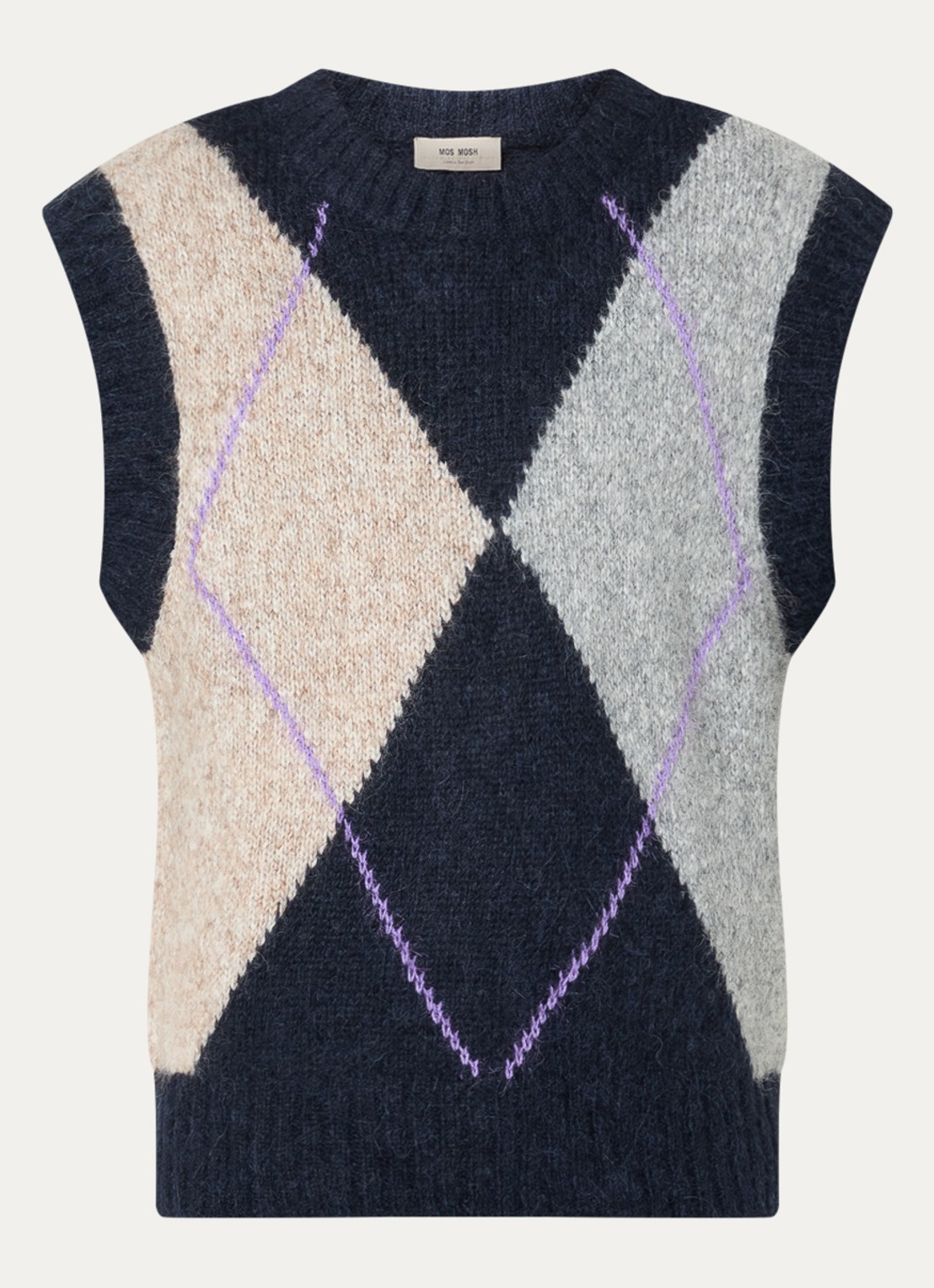 Mos Mosh MMJennine grofgebreide spencer in alpaca wolblend met ruitdessin - voorkant donkerblauw